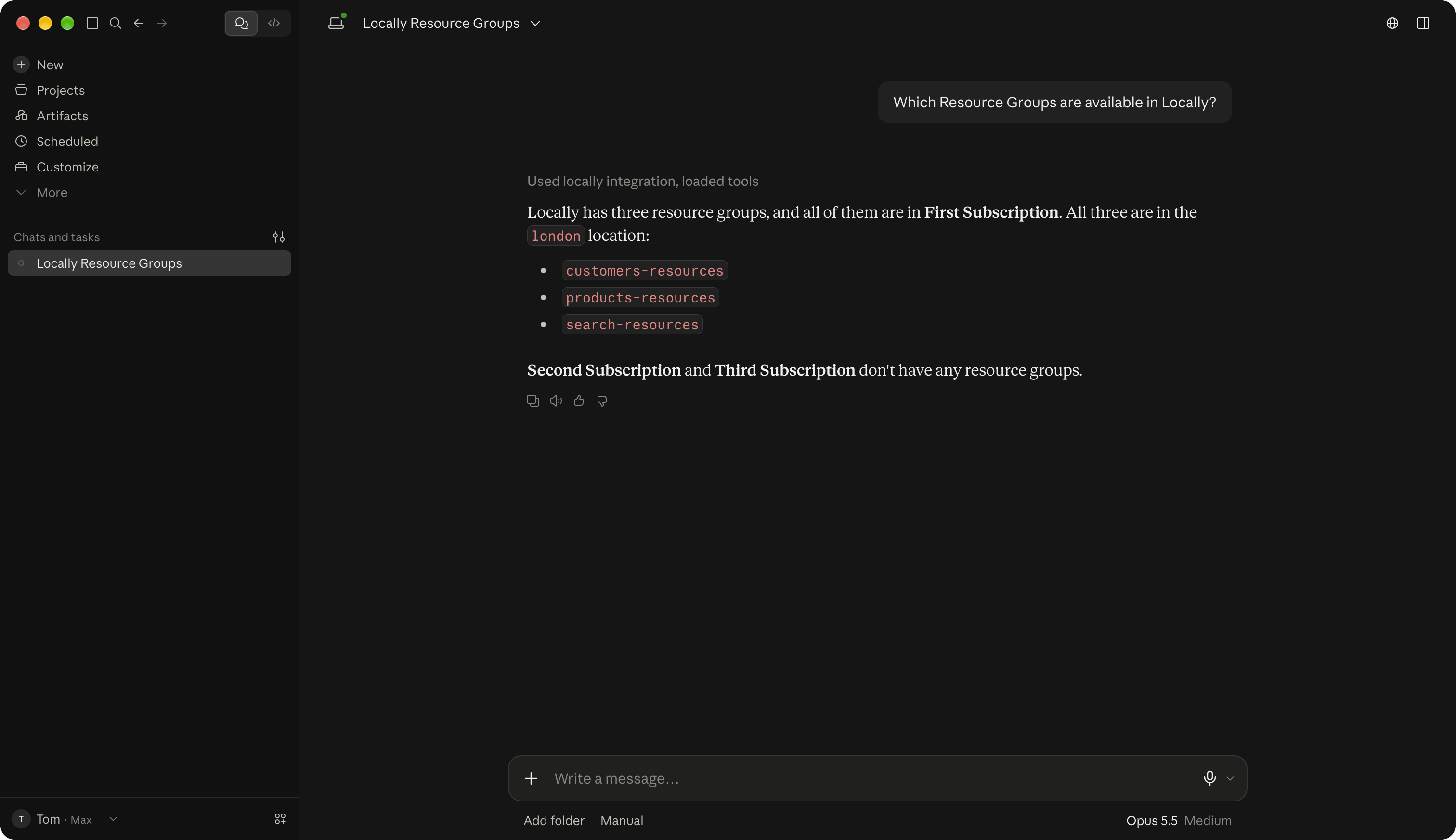Screenshot of using Claude Desktop to query the Resource Groups available in Locally