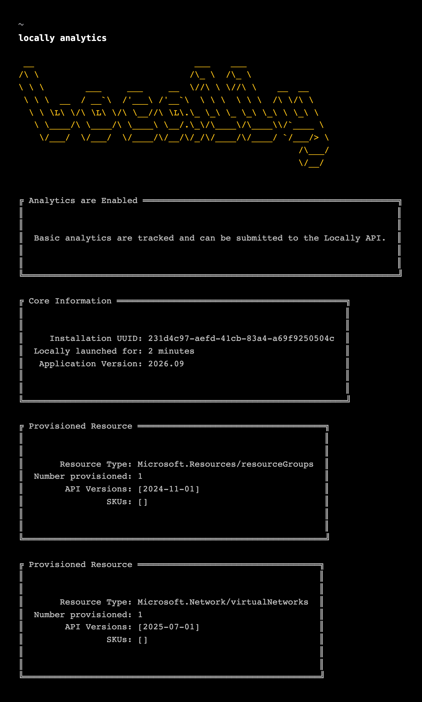 Screenshot of the result of running 'locally analytics'