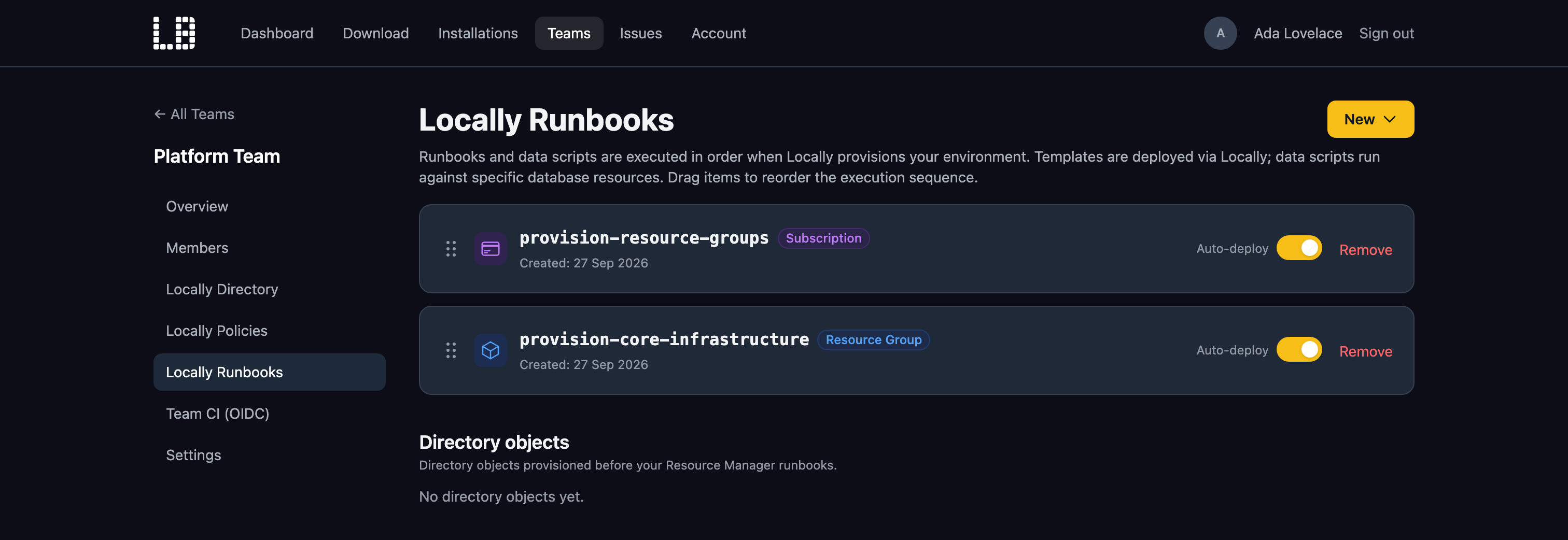 Screenshot of the Locally Runbooks page for a team in the Locally Account, showing a Subscription Runbook and a Resource Group Runbook
