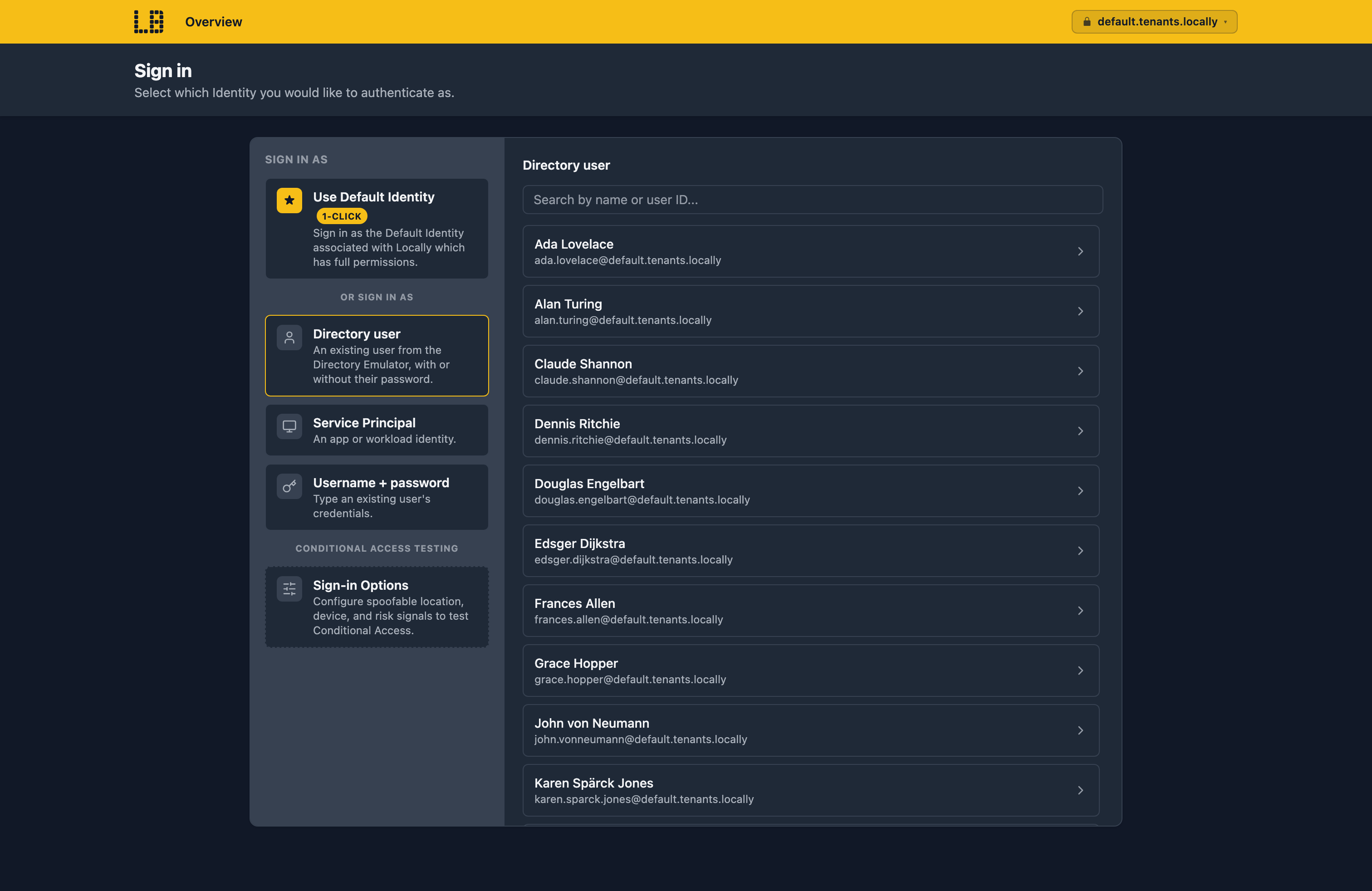 Screenshot of choosing a Directory user on the Locally sign-in page