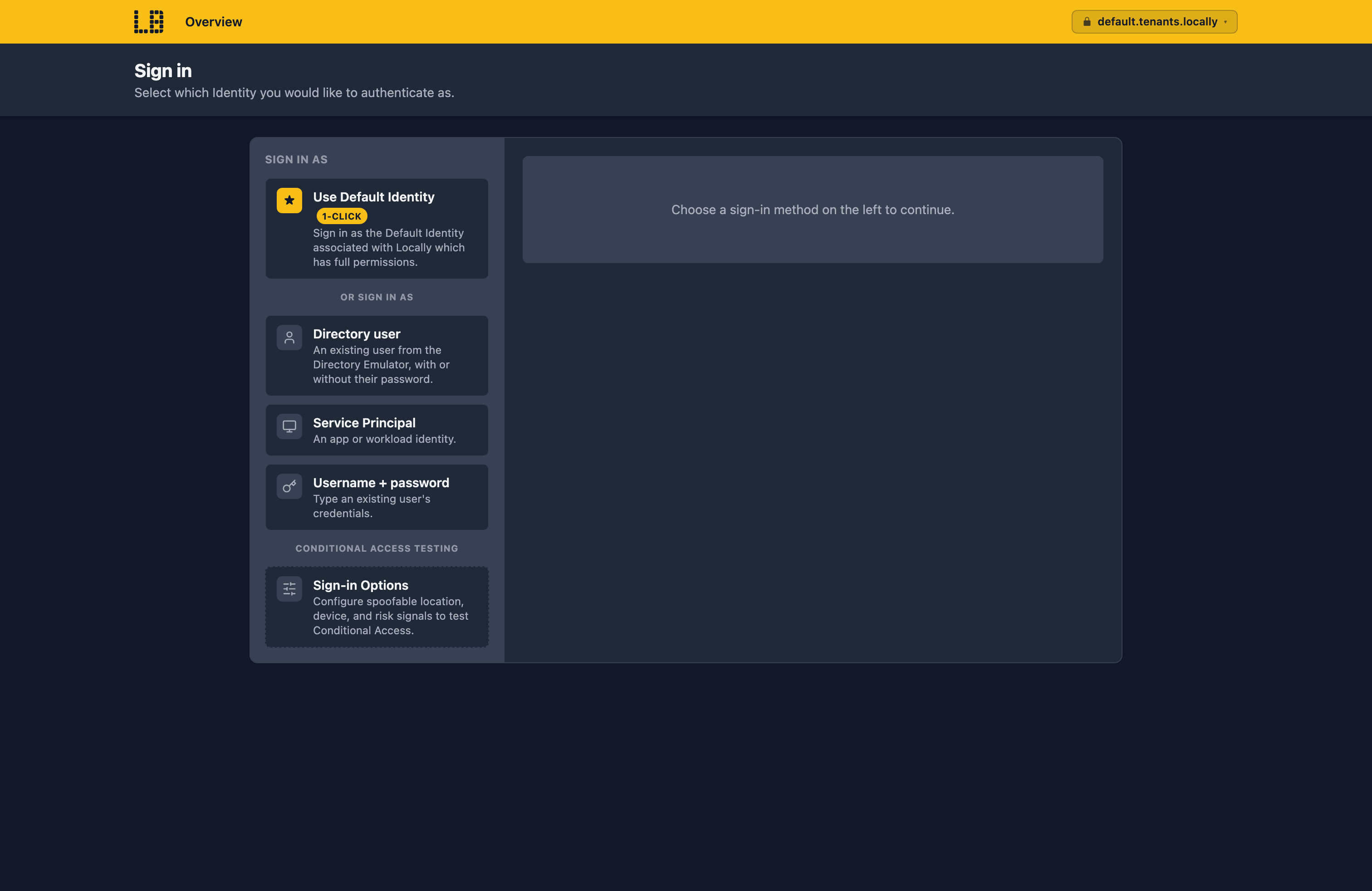 Screenshot of the Locally sign-in page