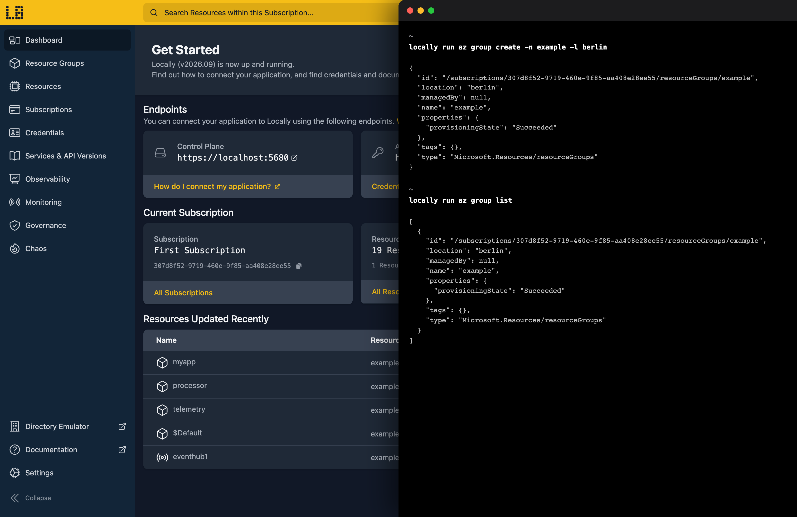 Screenshot of the Azure CLI deploying resources into the Locally Dashboard