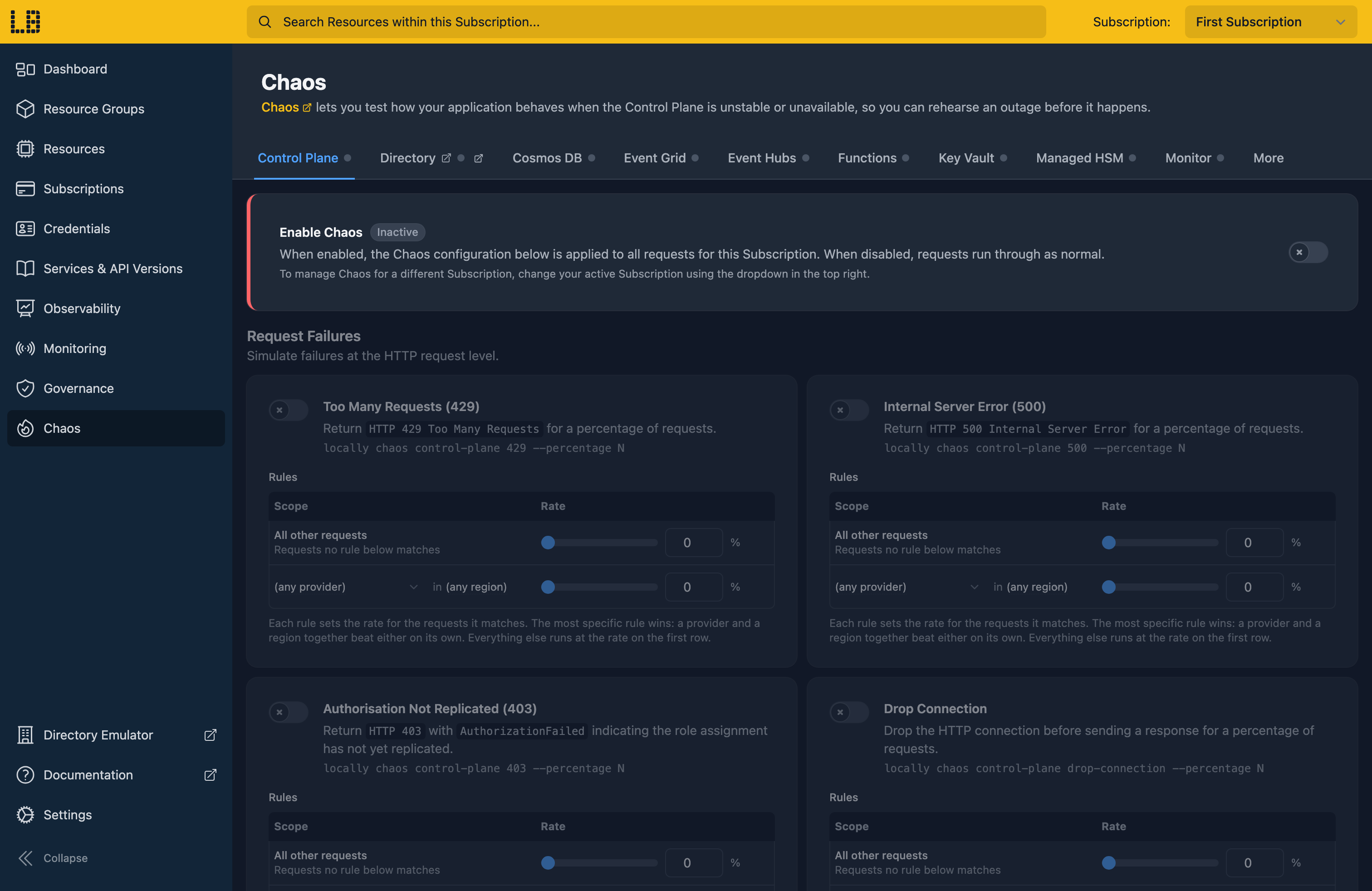 Screenshot of the Chaos section within the Locally Dashboard