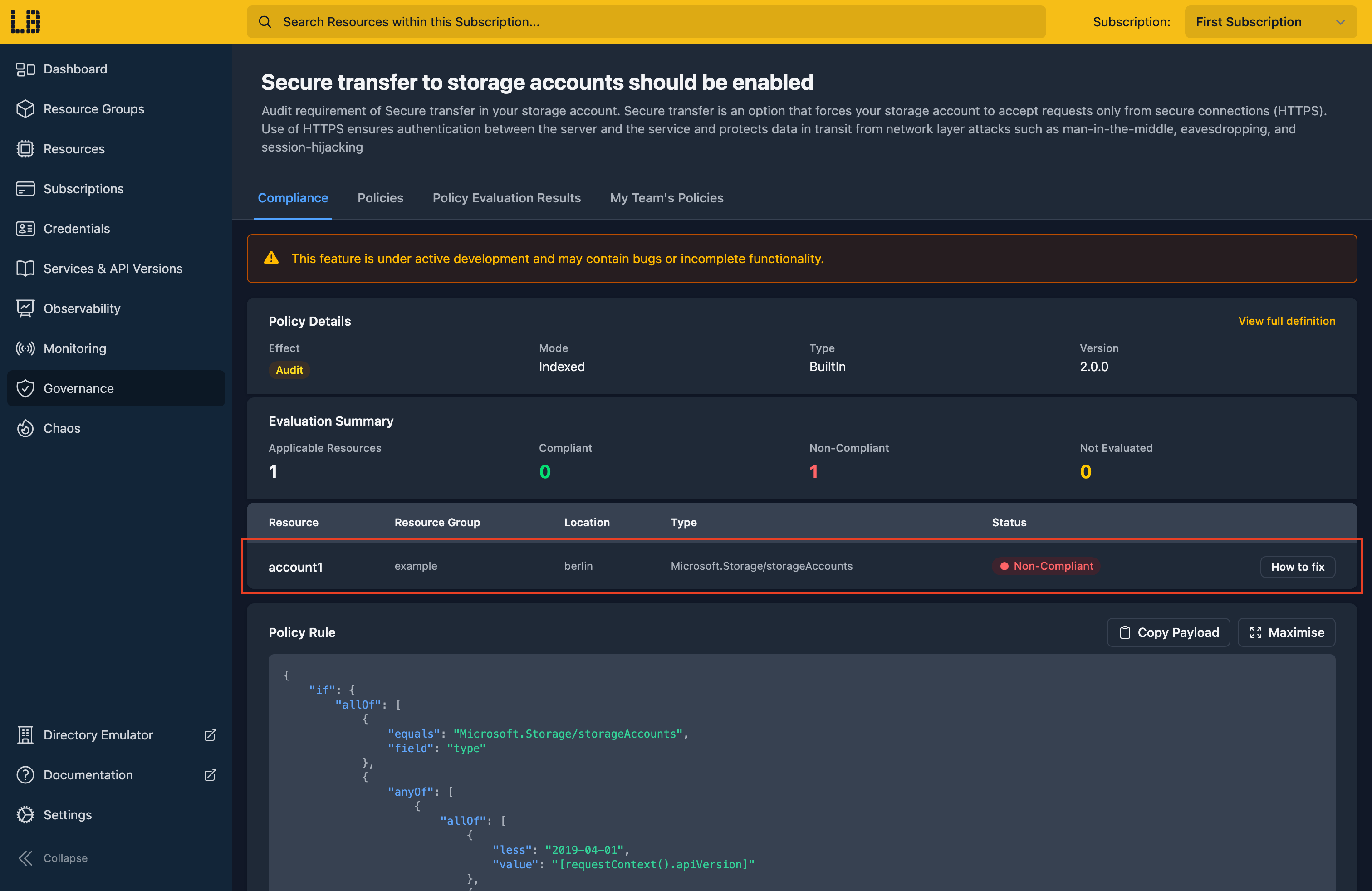 Screenshot of a policy's non-compliant resources within the Locally Dashboard