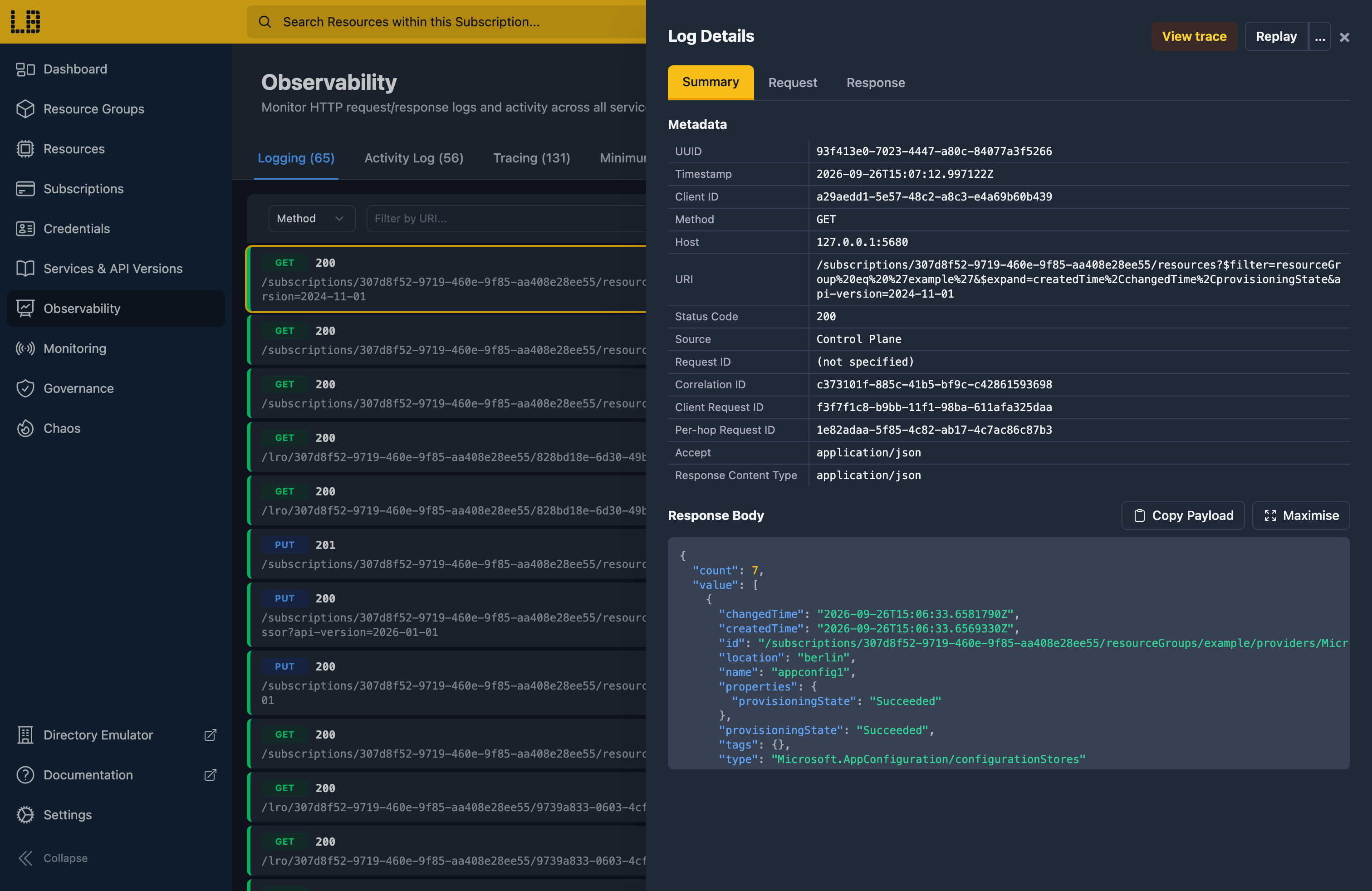 Screenshot showing a Log within the Logging section within the Locally Dashboard