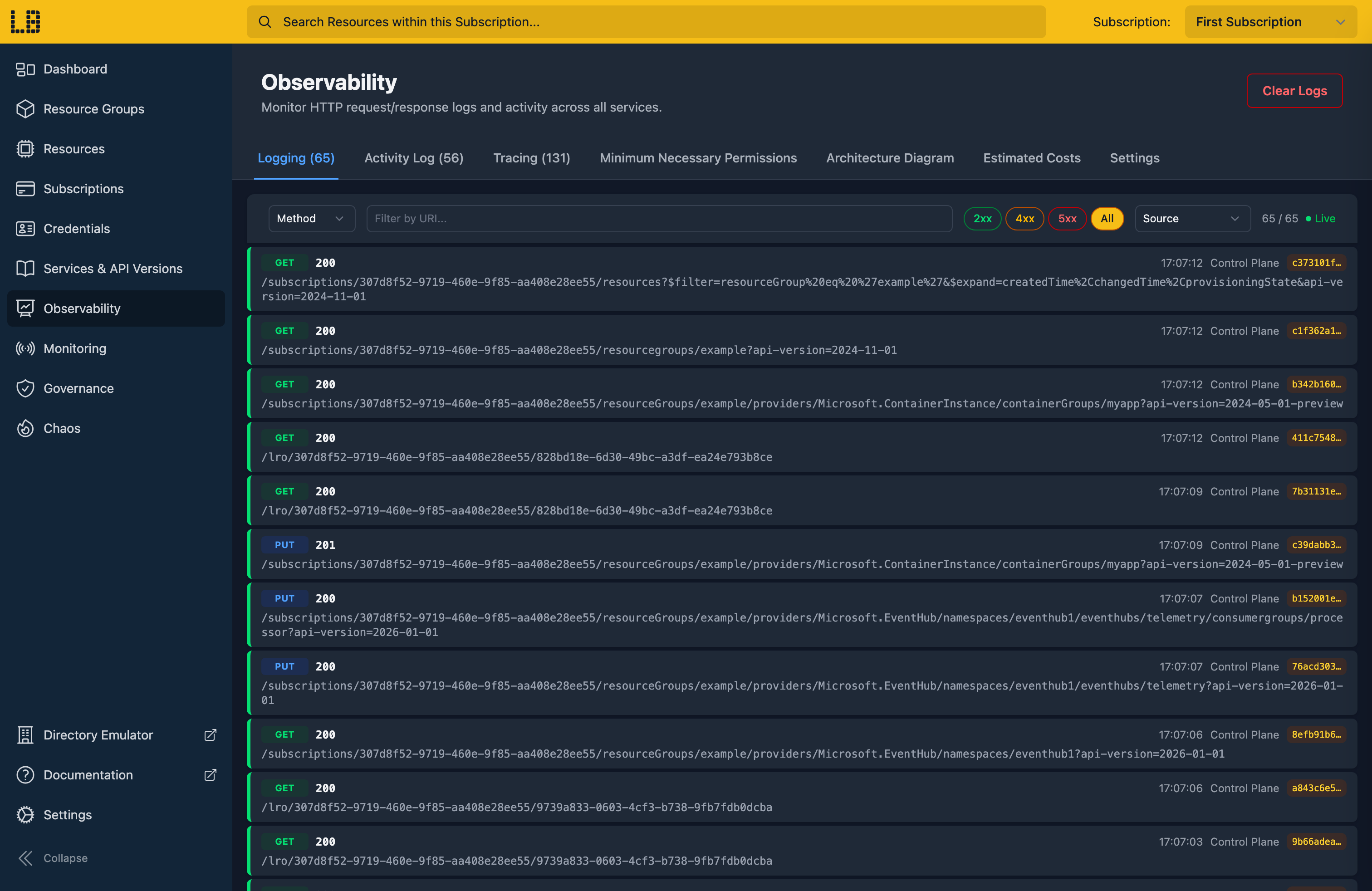 Locally Dashboard - logging view showing live HTTP requests