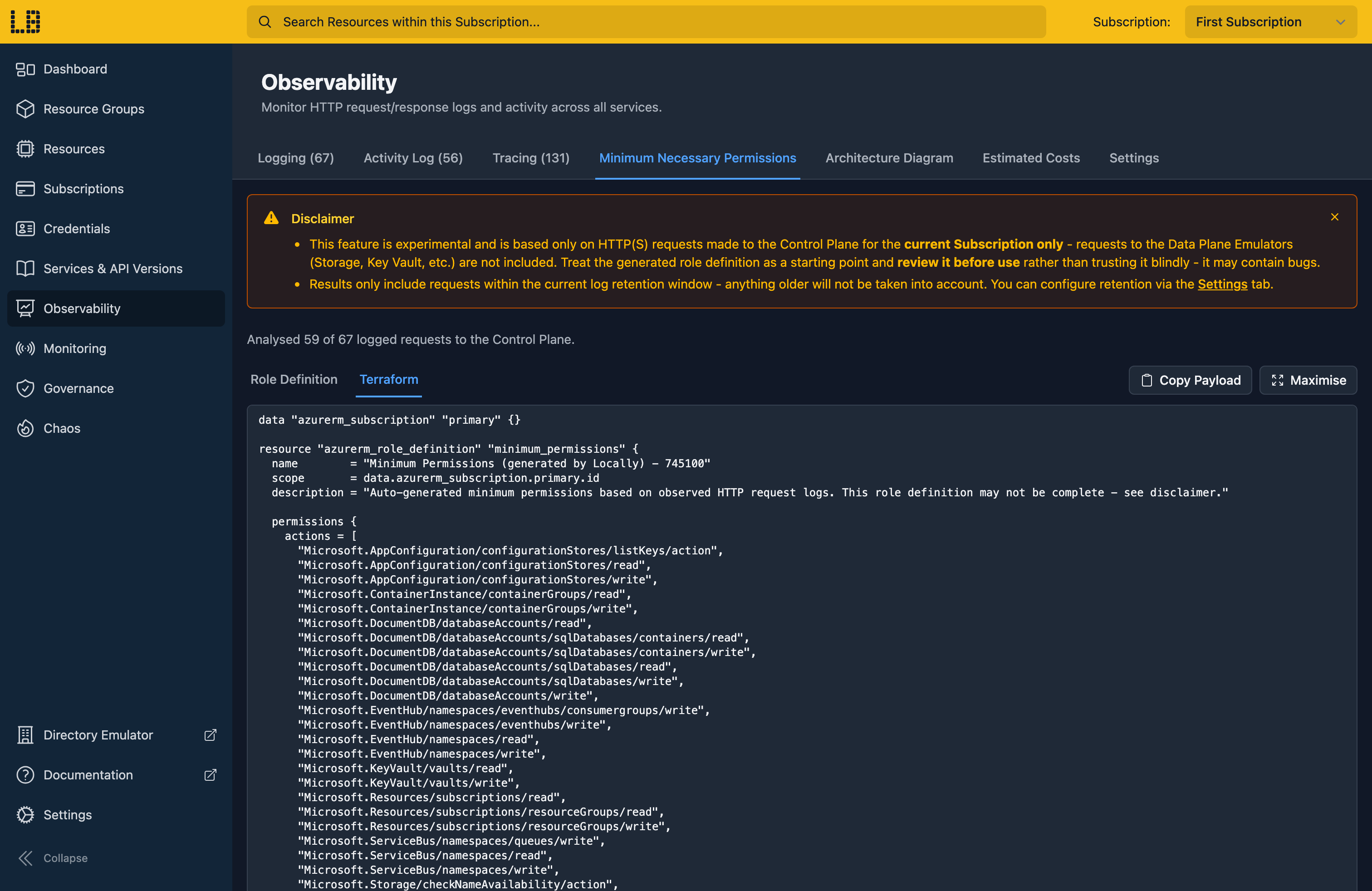 Screenshot of the Terraform tab within the Minimum Necessary Permissions section of the Locally Dashboard