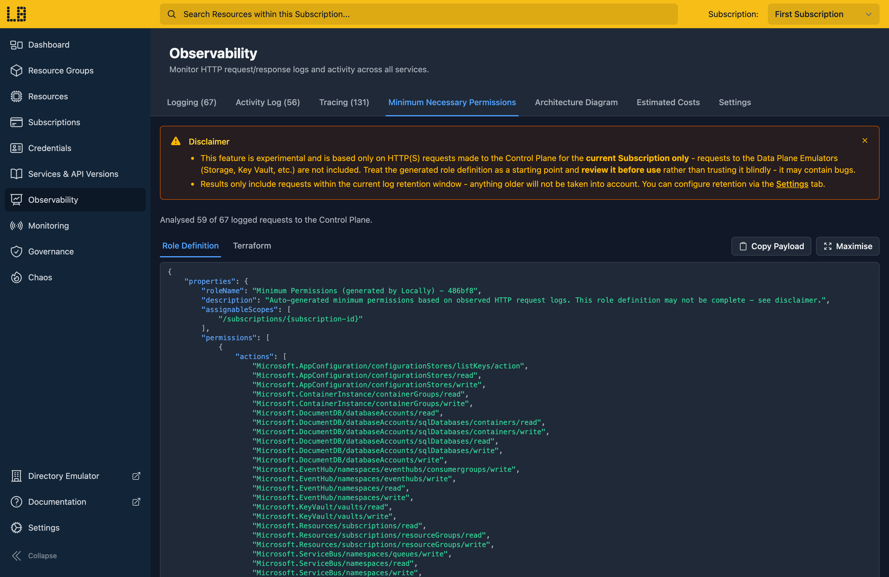 Screenshot of the Minimum Necessary Permissions section within the Locally Dashboard