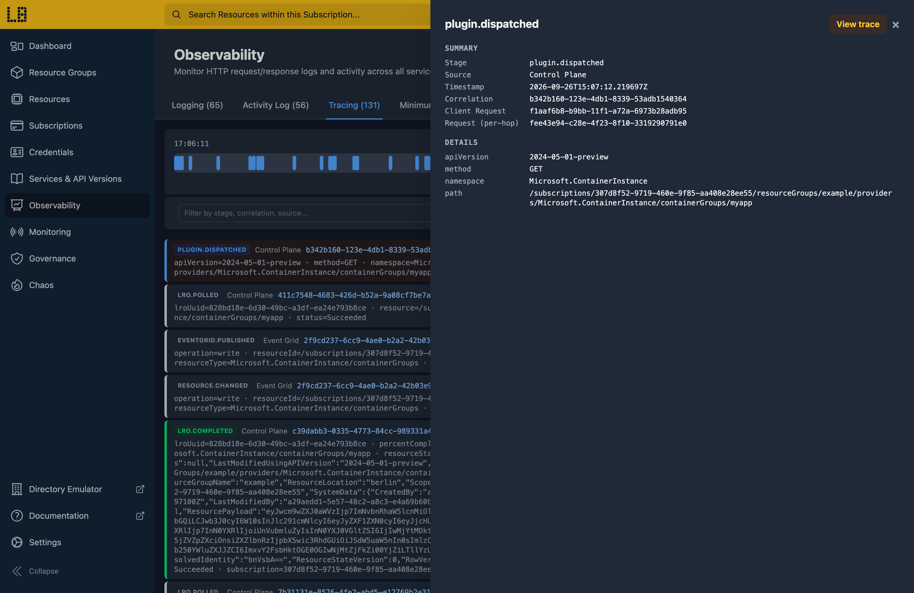 Screenshot showing the details of a trace within the Locally Dashboard
