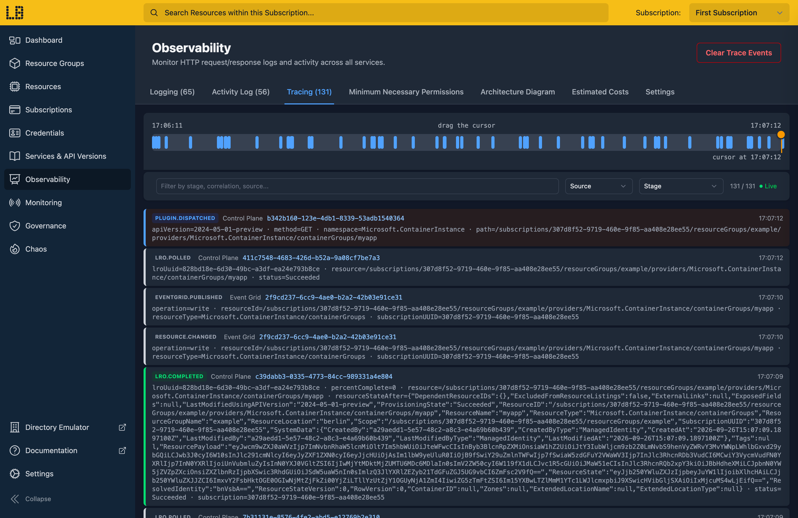 Screenshot of the Tracing section within the Locally Dashboard