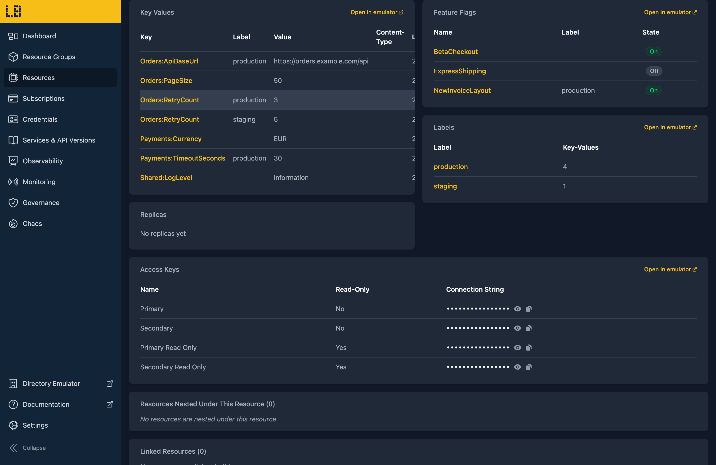 Screenshot of an App Configuration store's key-values, feature flags and labels in the Locally Dashboard