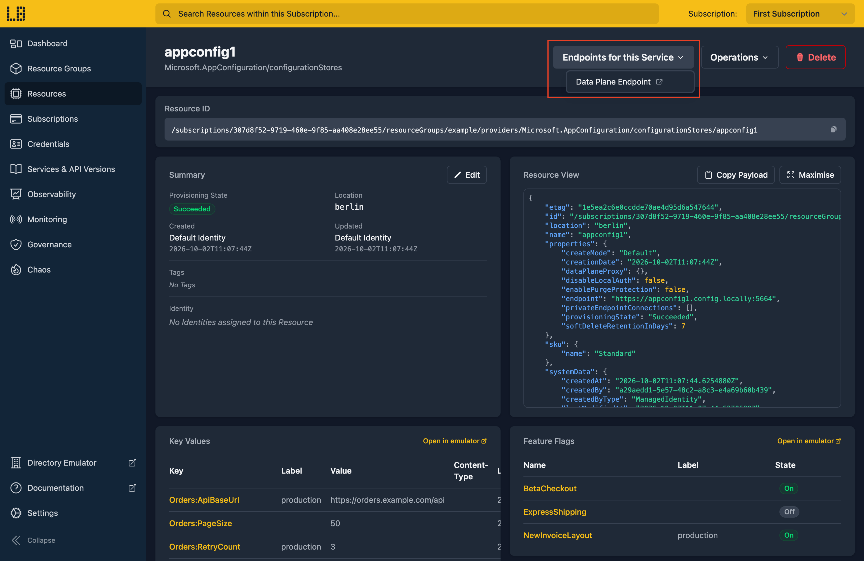 Screenshot of an App Configuration resource in the Locally Dashboard, with the Endpoints for this Service dropdown open on the Data Plane Endpoint