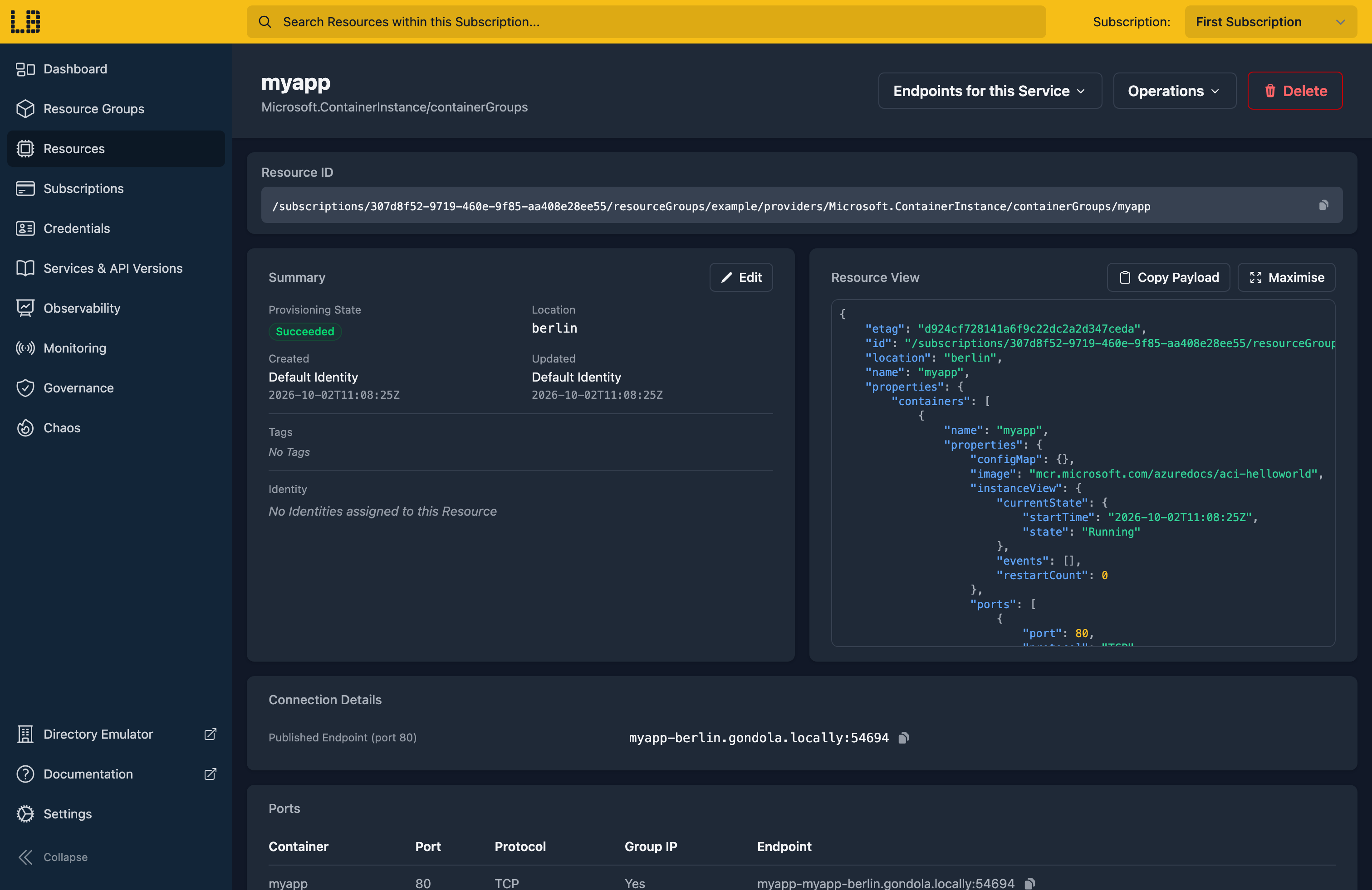 Screenshot of the Container Group in the Locally Dashboard