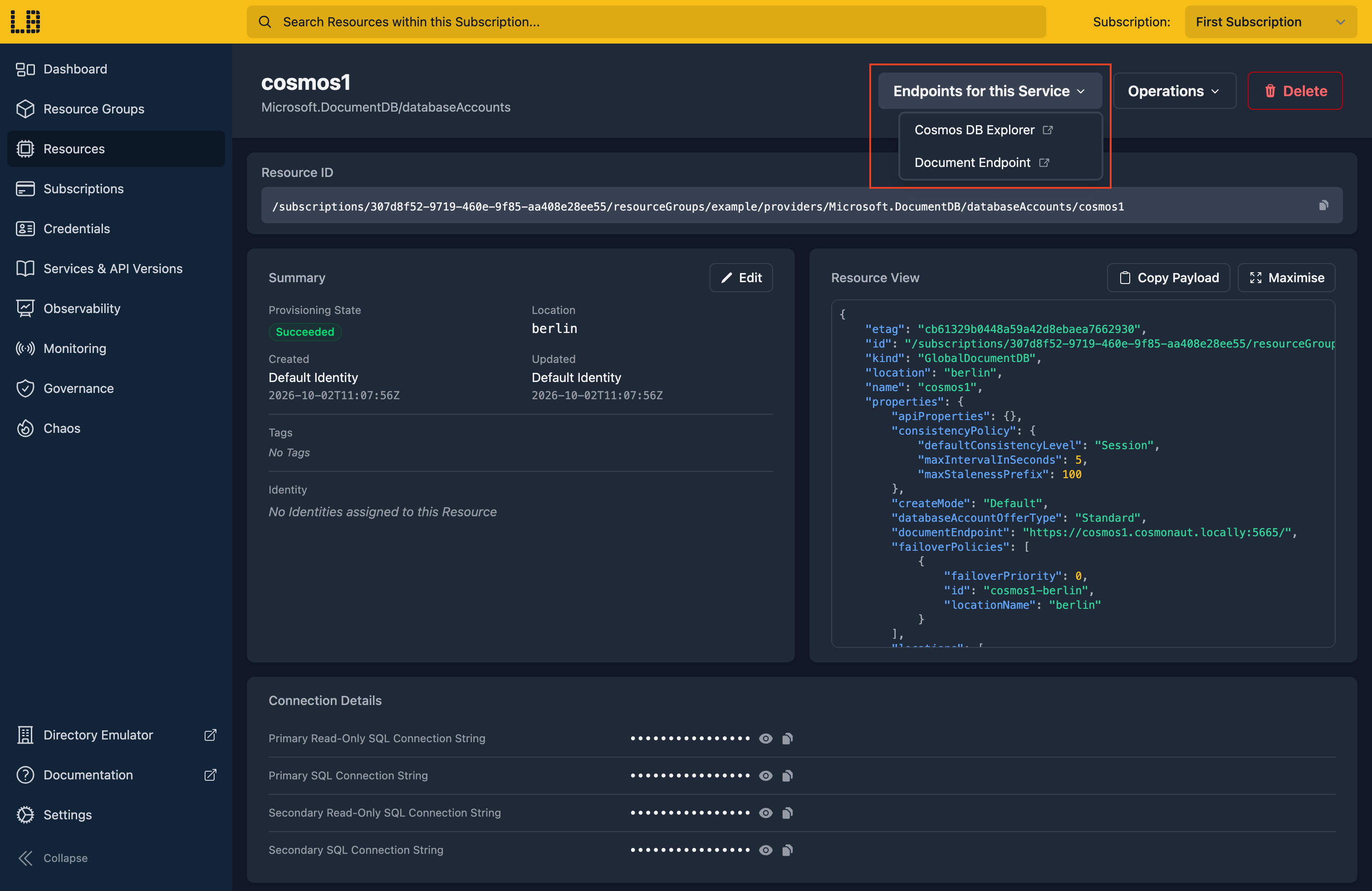Screenshot of a Cosmos DB account in the Locally Dashboard, with the Endpoints for this Service dropdown open on the Cosmos DB Explorer and Document Endpoint