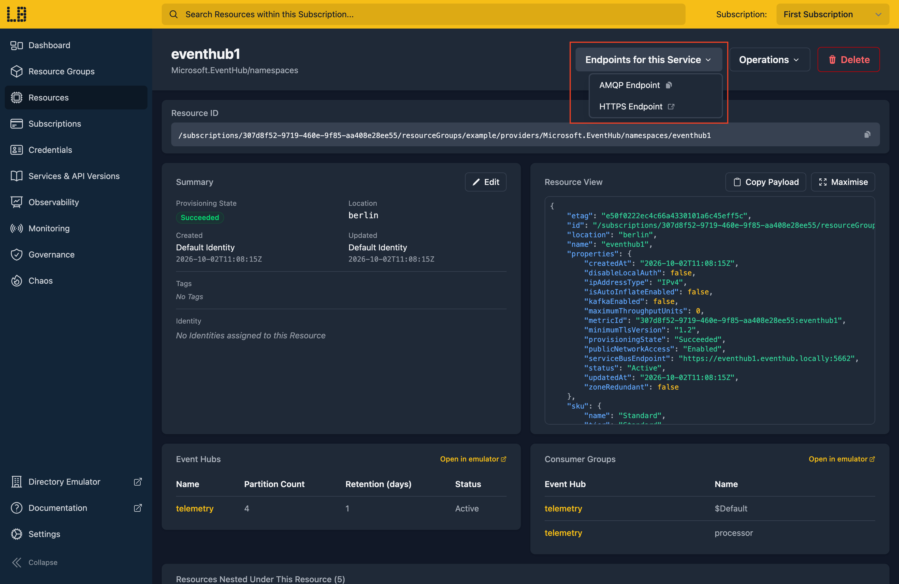 Screenshot of an Event Hubs namespace in the Locally Dashboard, with the Endpoints for this Service dropdown open, showing the AMQP and HTTPS Endpoints