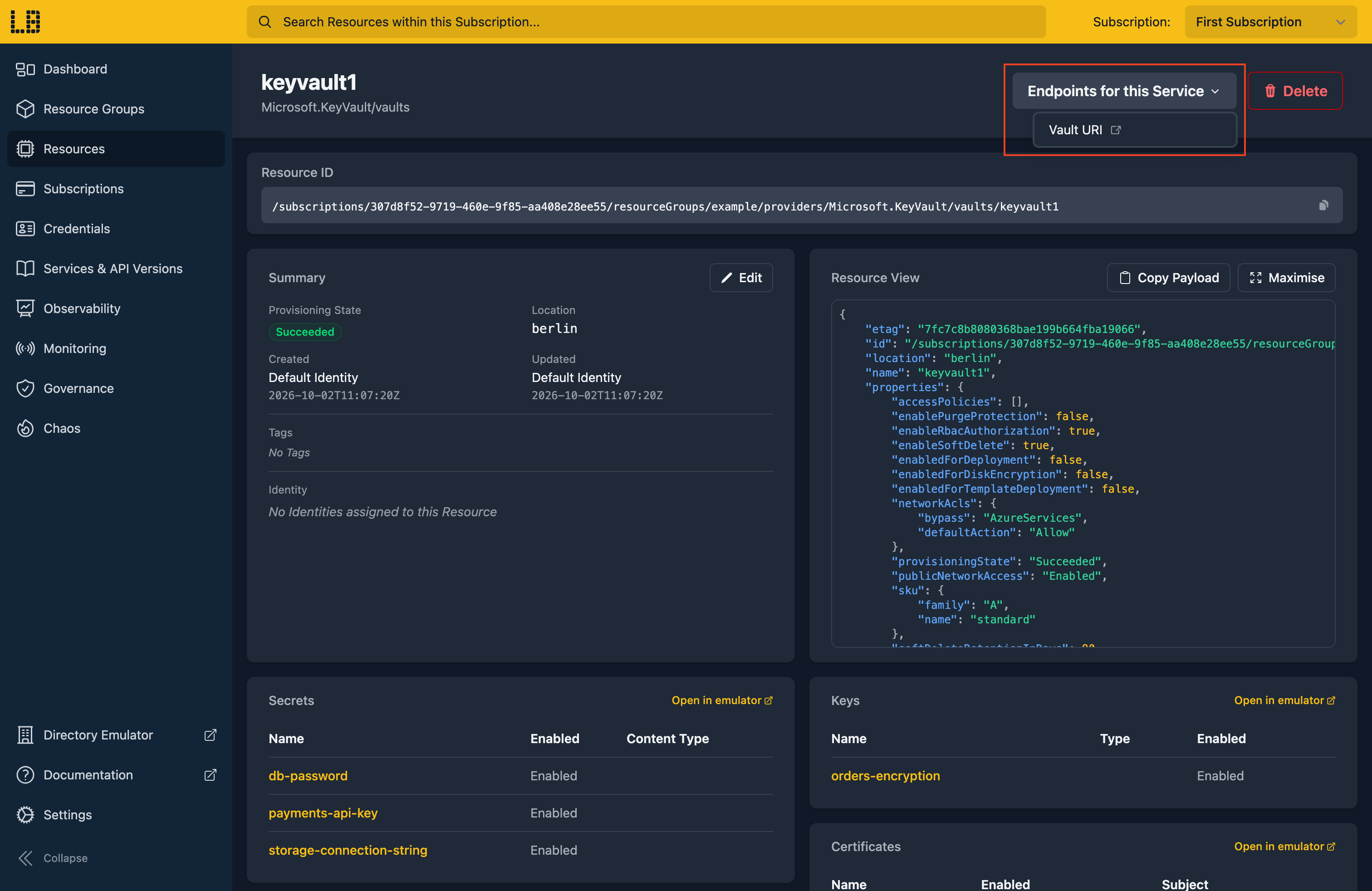 Screenshot of a Key Vault resource in the Locally Dashboard, showing how to access the Data Plane Emulator