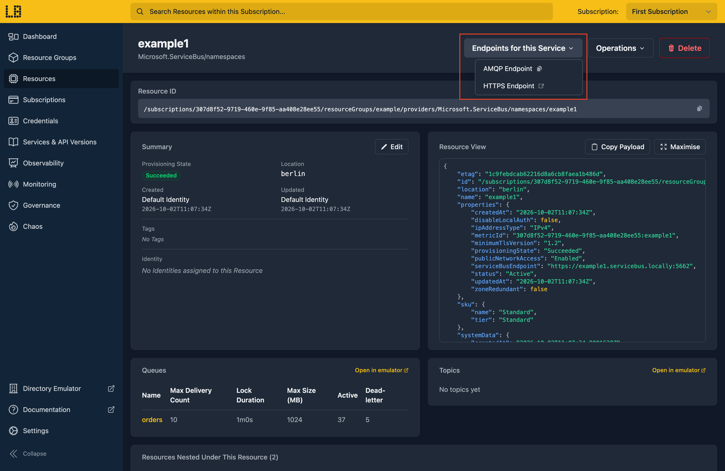 Screenshot of a Service Bus namespace in the Locally Dashboard, showing its endpoints, queues and topics