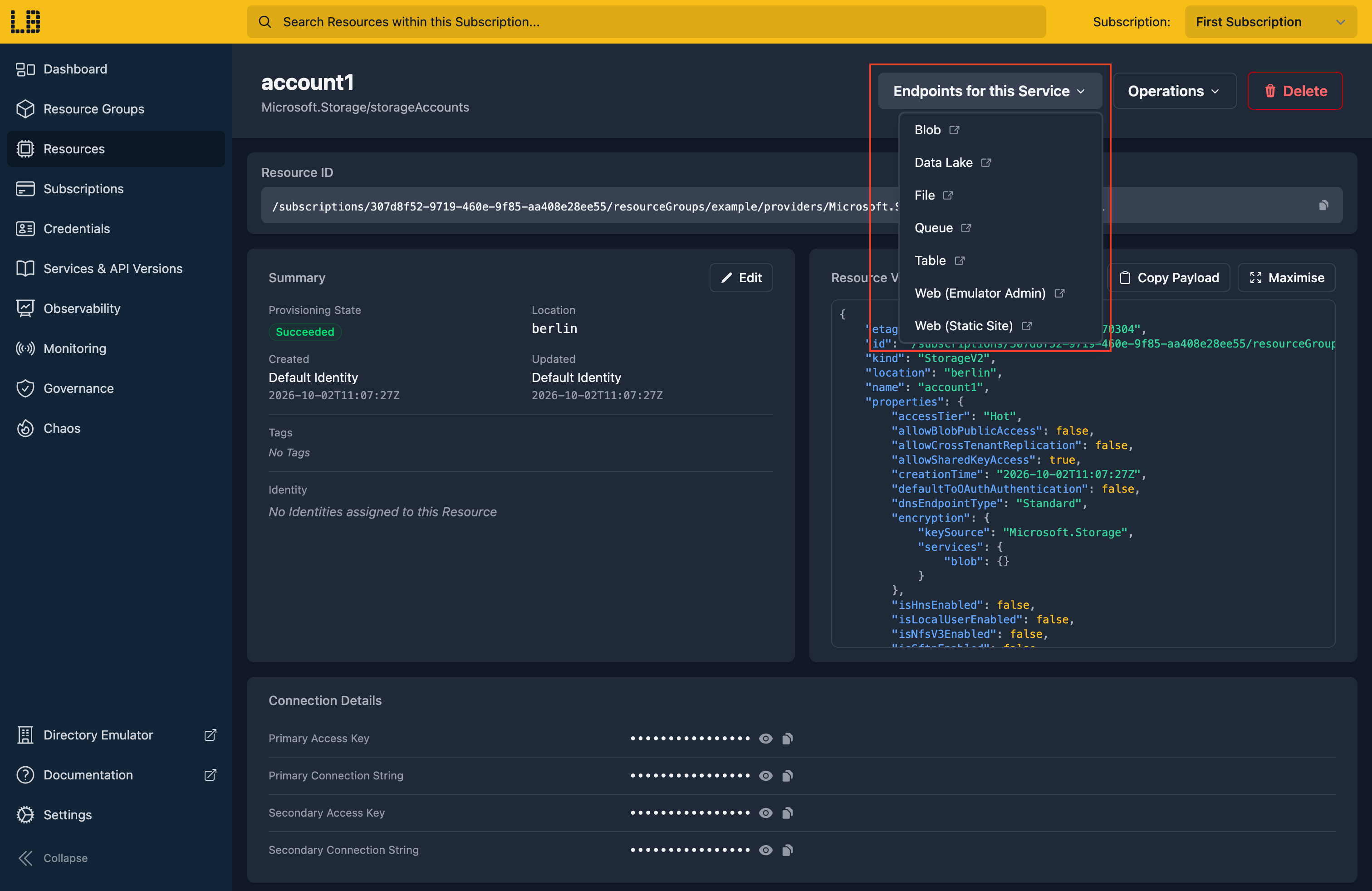 Screenshot of a Storage Account in the Locally Dashboard, showing the endpoint for each Storage service