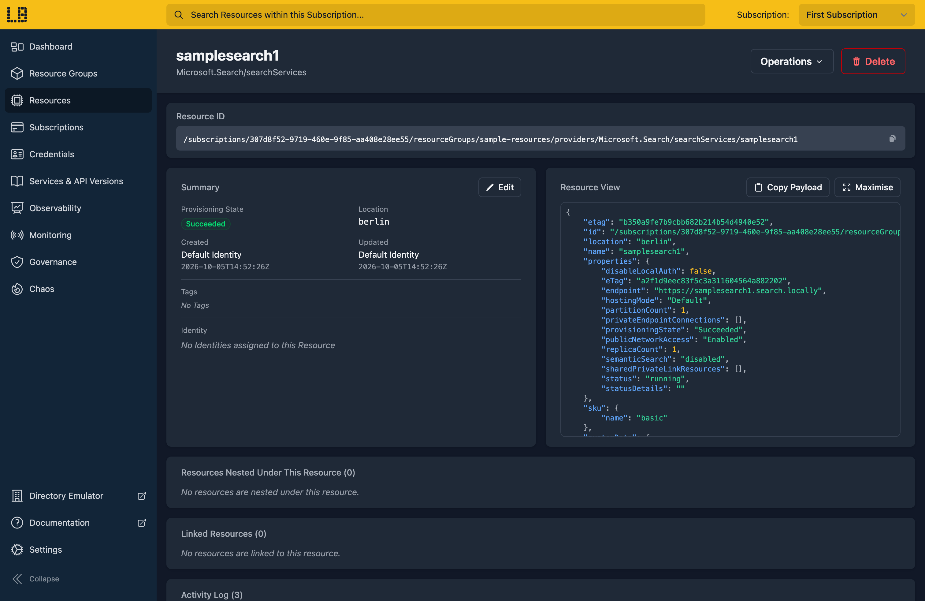 Screenshot of the Search Service in the Locally Dashboard