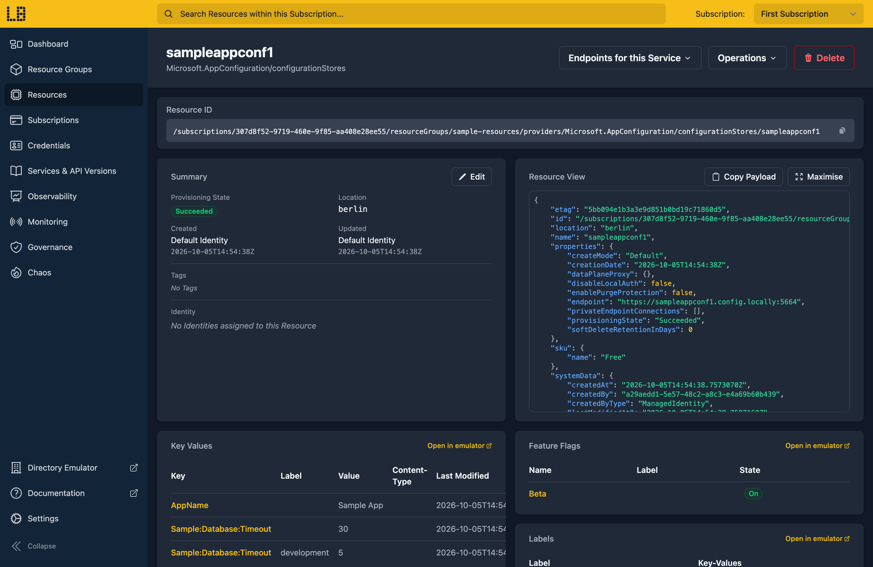 Screenshot of the App Configuration store in the Locally Dashboard