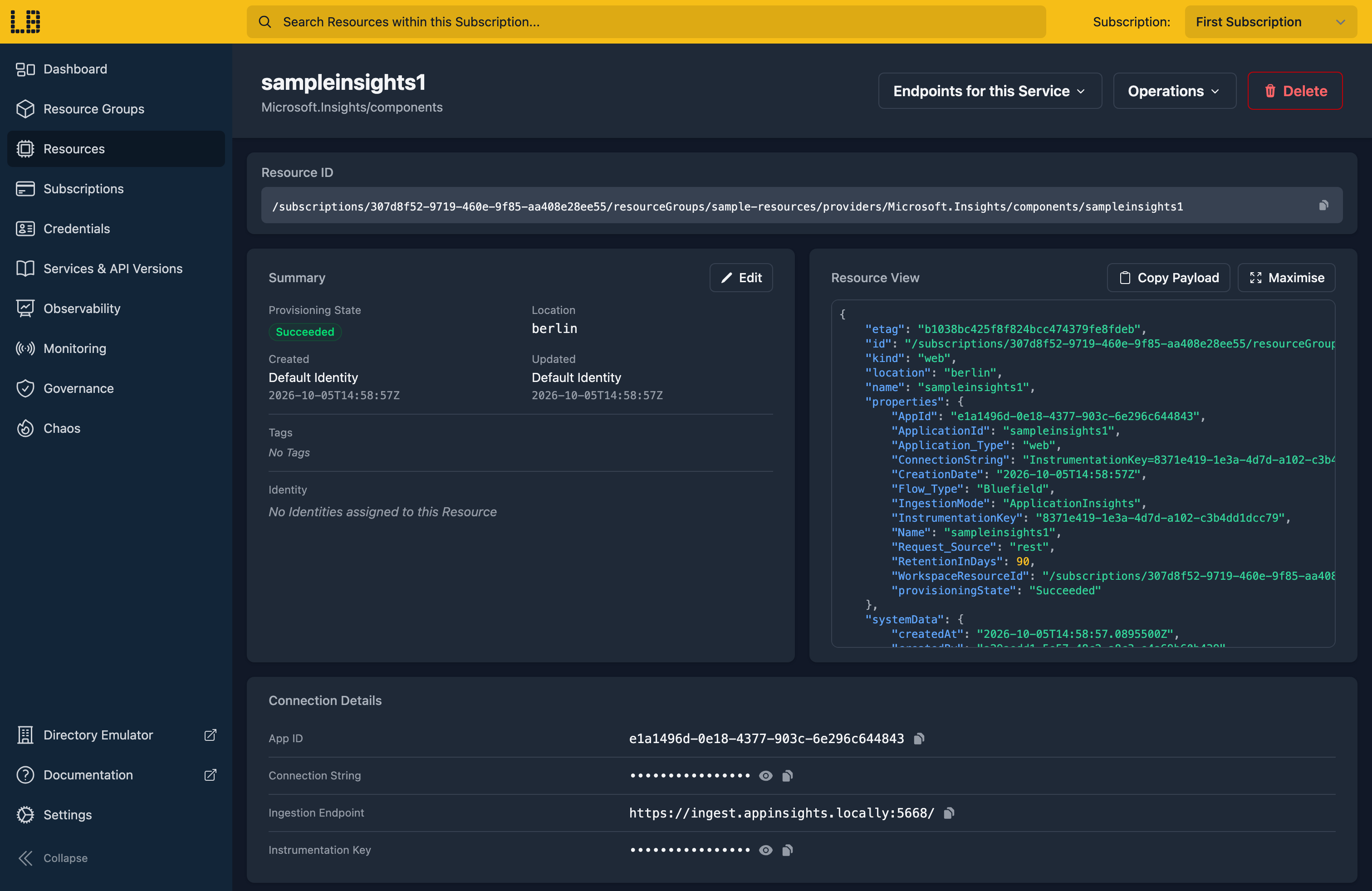 Screenshot of the Application Insights component in the Locally Dashboard