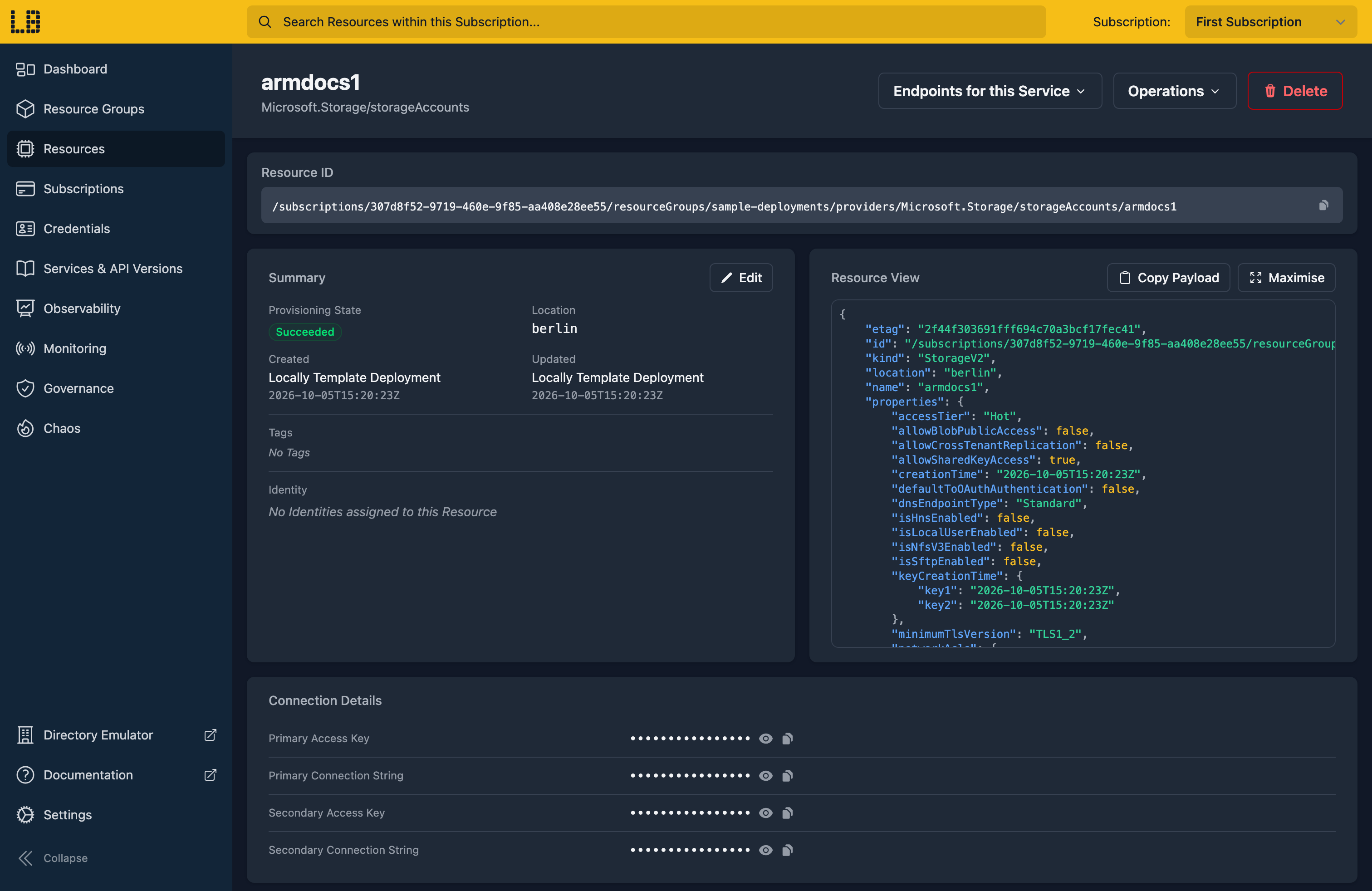 Screenshot of the Storage Account in the Locally Dashboard