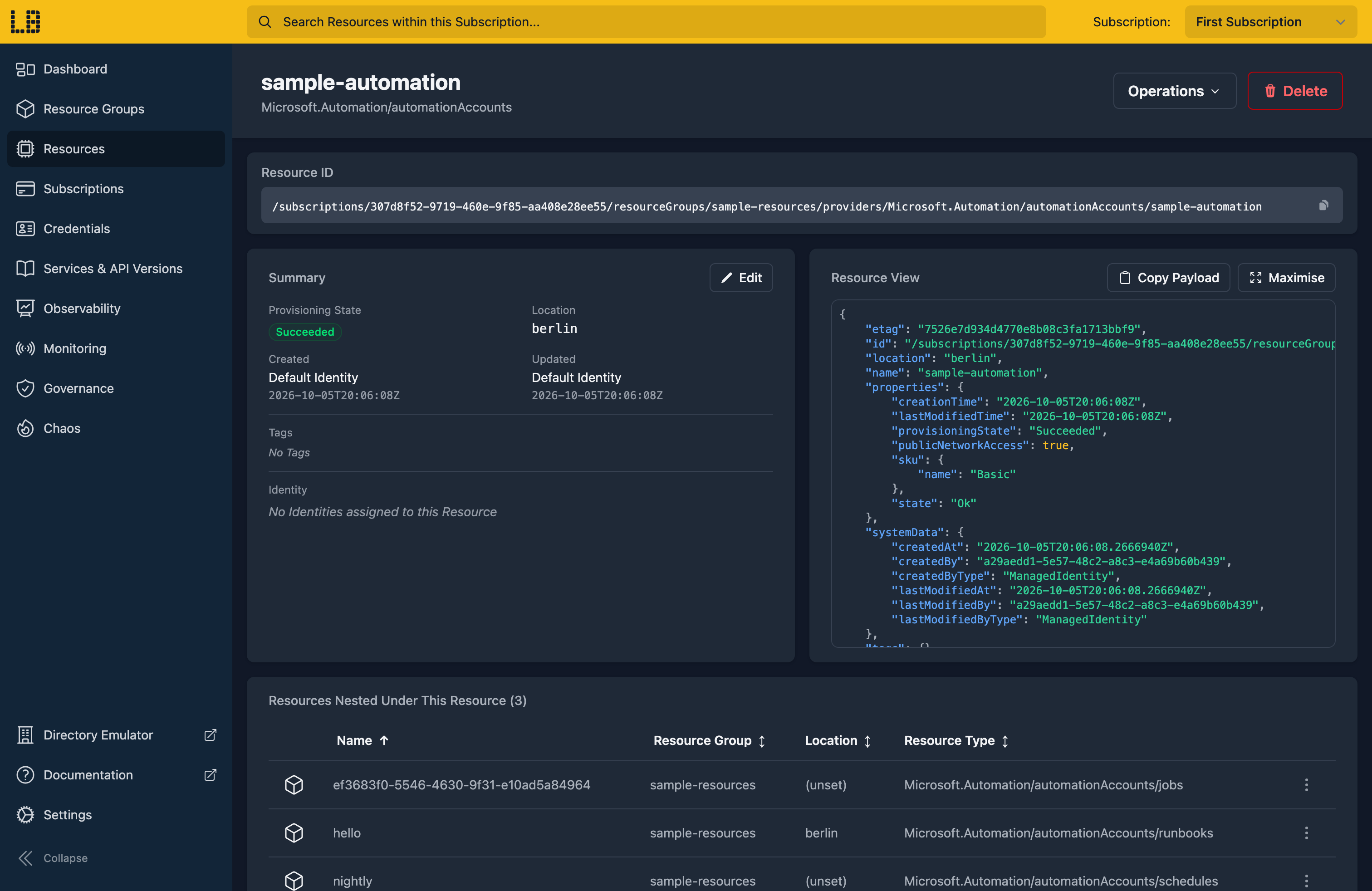 Screenshot of the Automation account in the Locally Dashboard