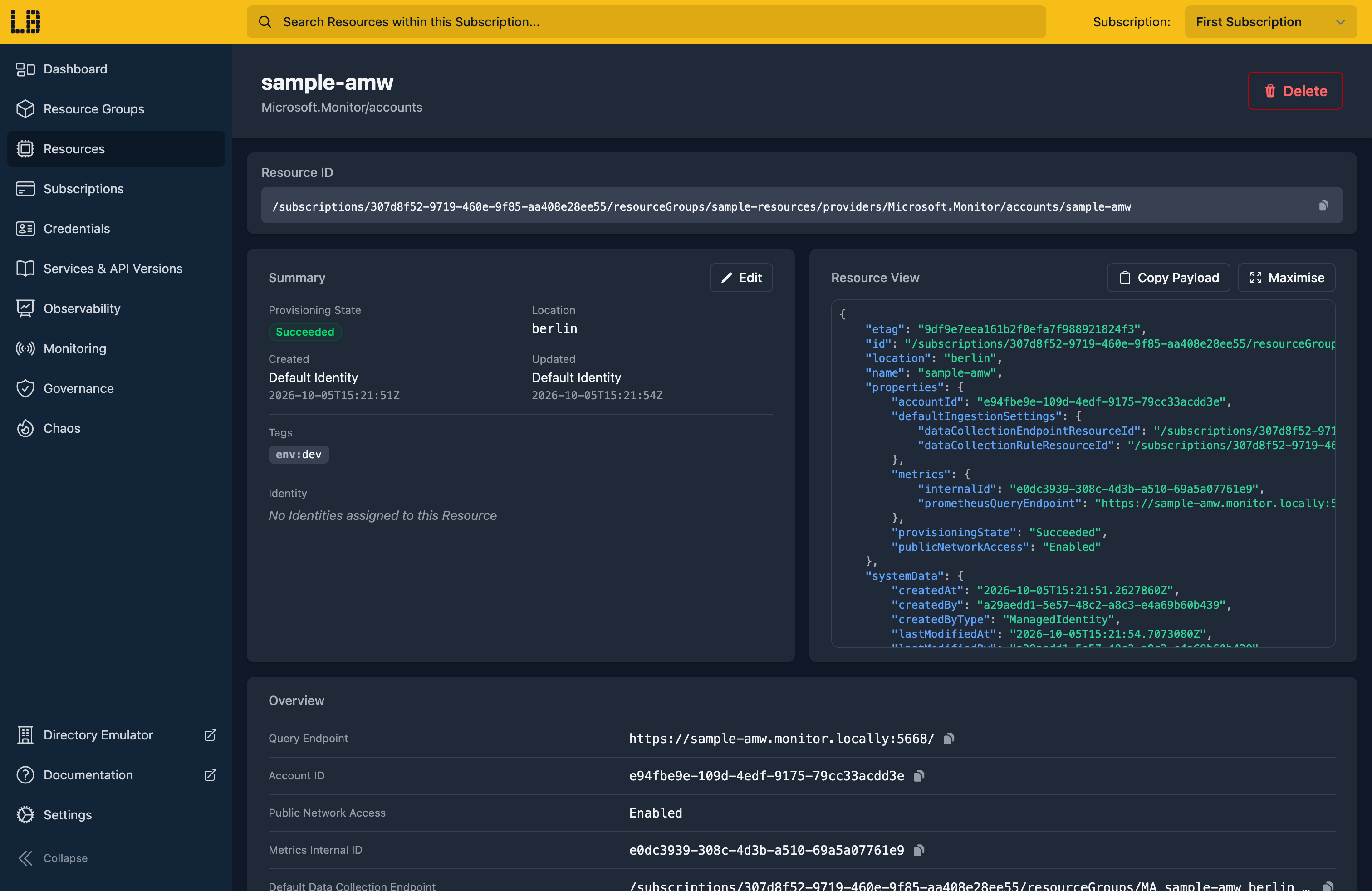 Screenshot of the Azure Monitor workspace in the Locally Dashboard