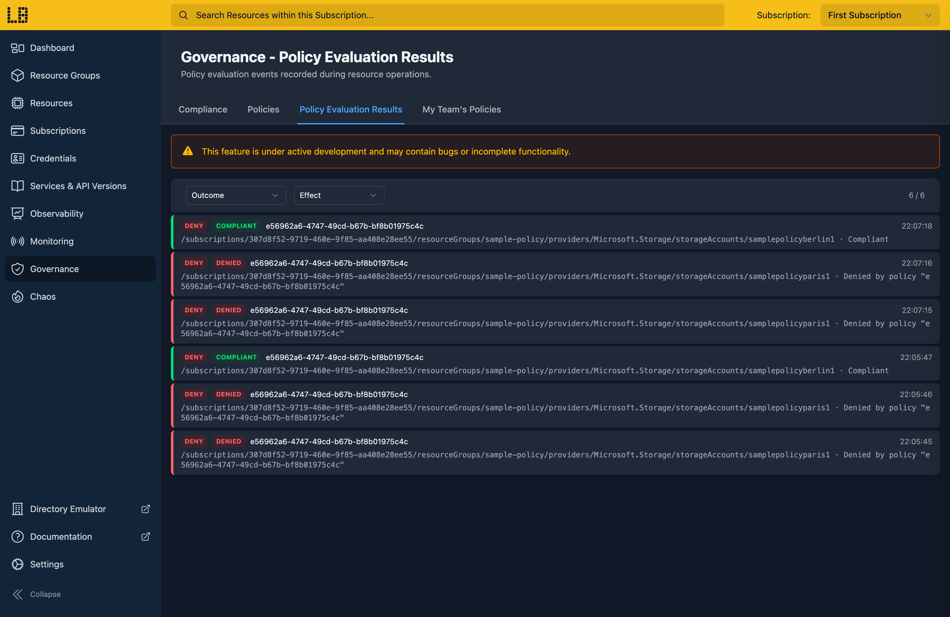 Screenshot of the policy evaluation results in the Locally Dashboard