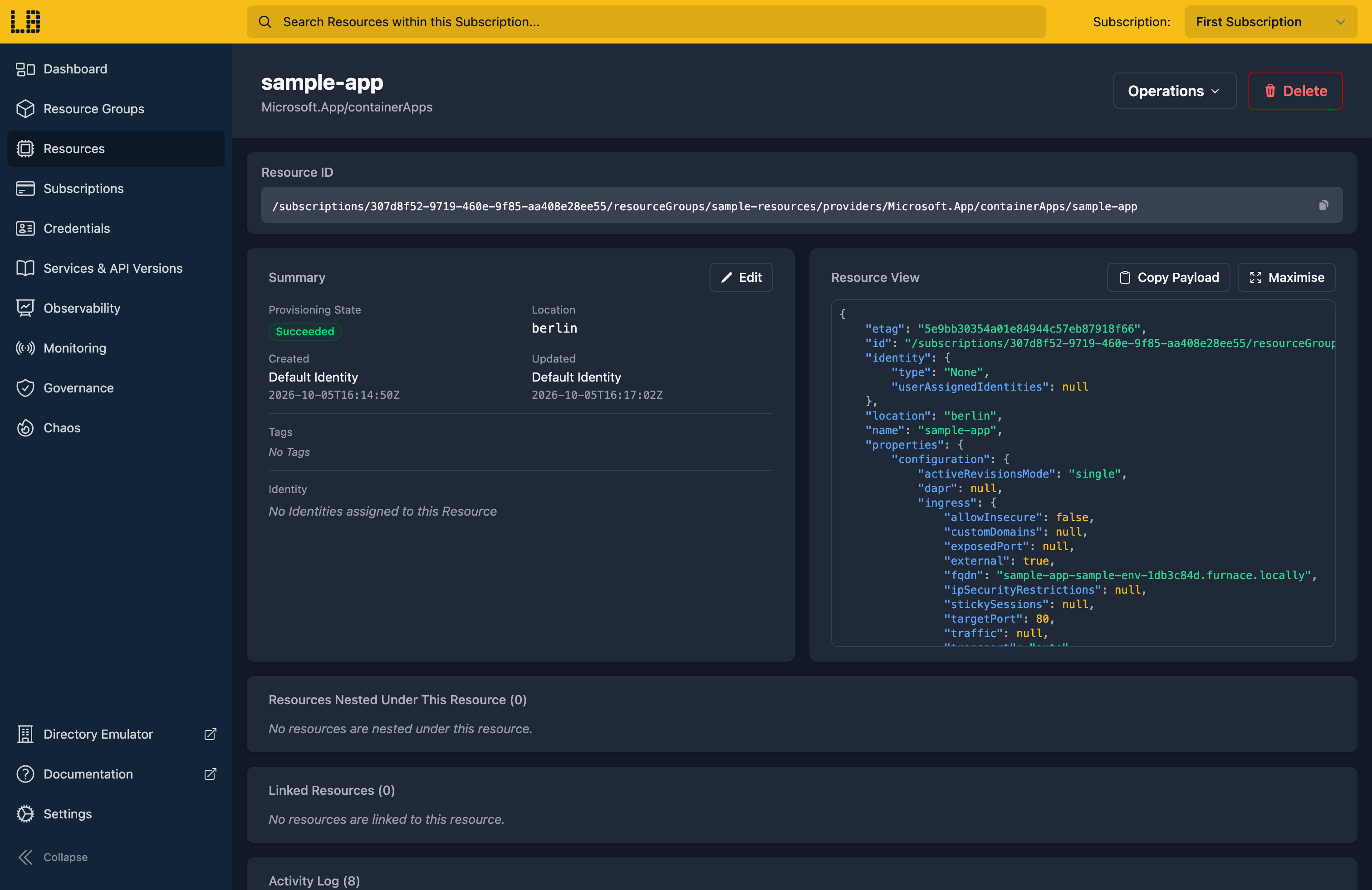 Screenshot of the Container App in the Locally Dashboard