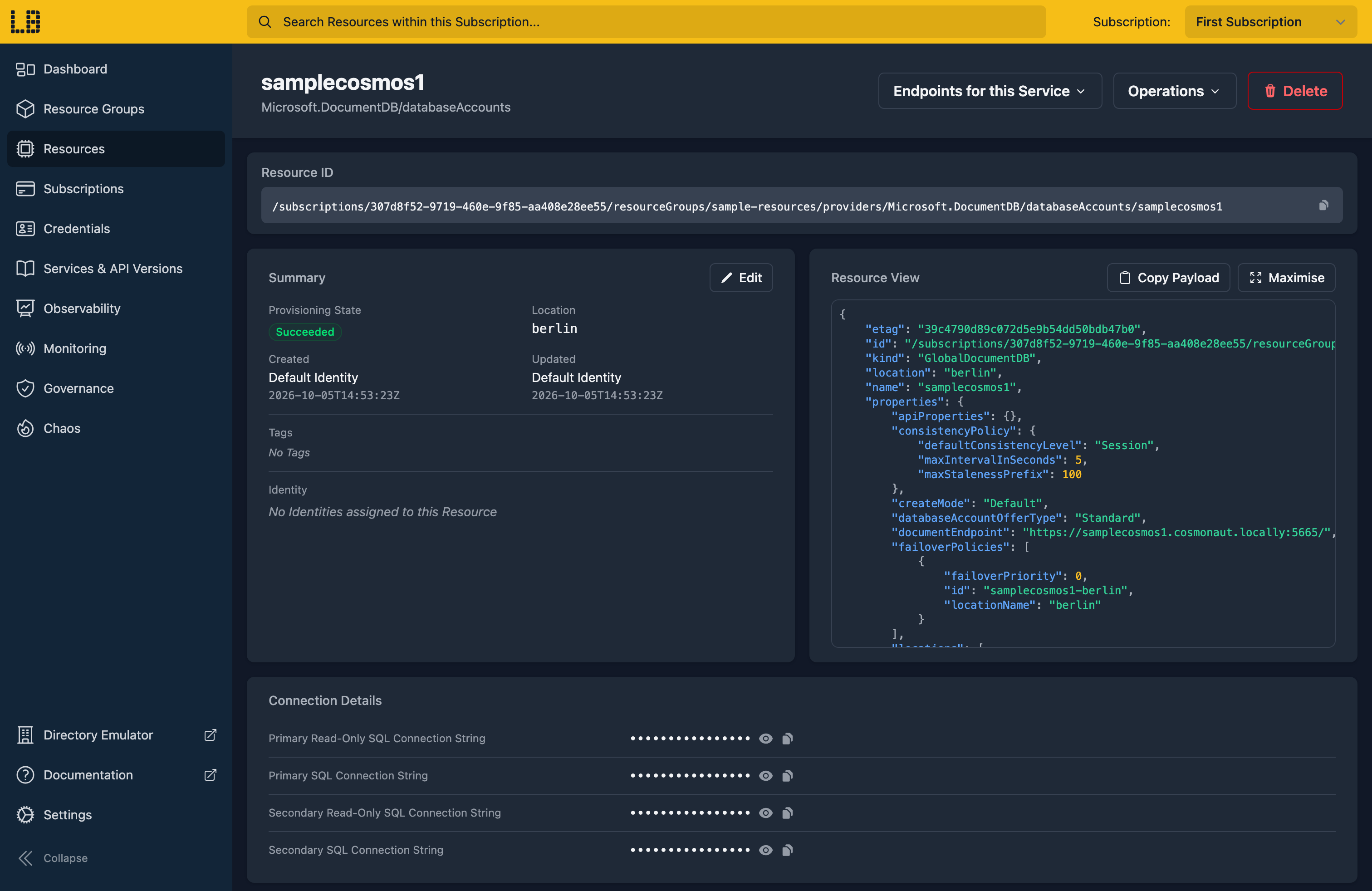 Screenshot of the Cosmos DB Account in the Locally Dashboard