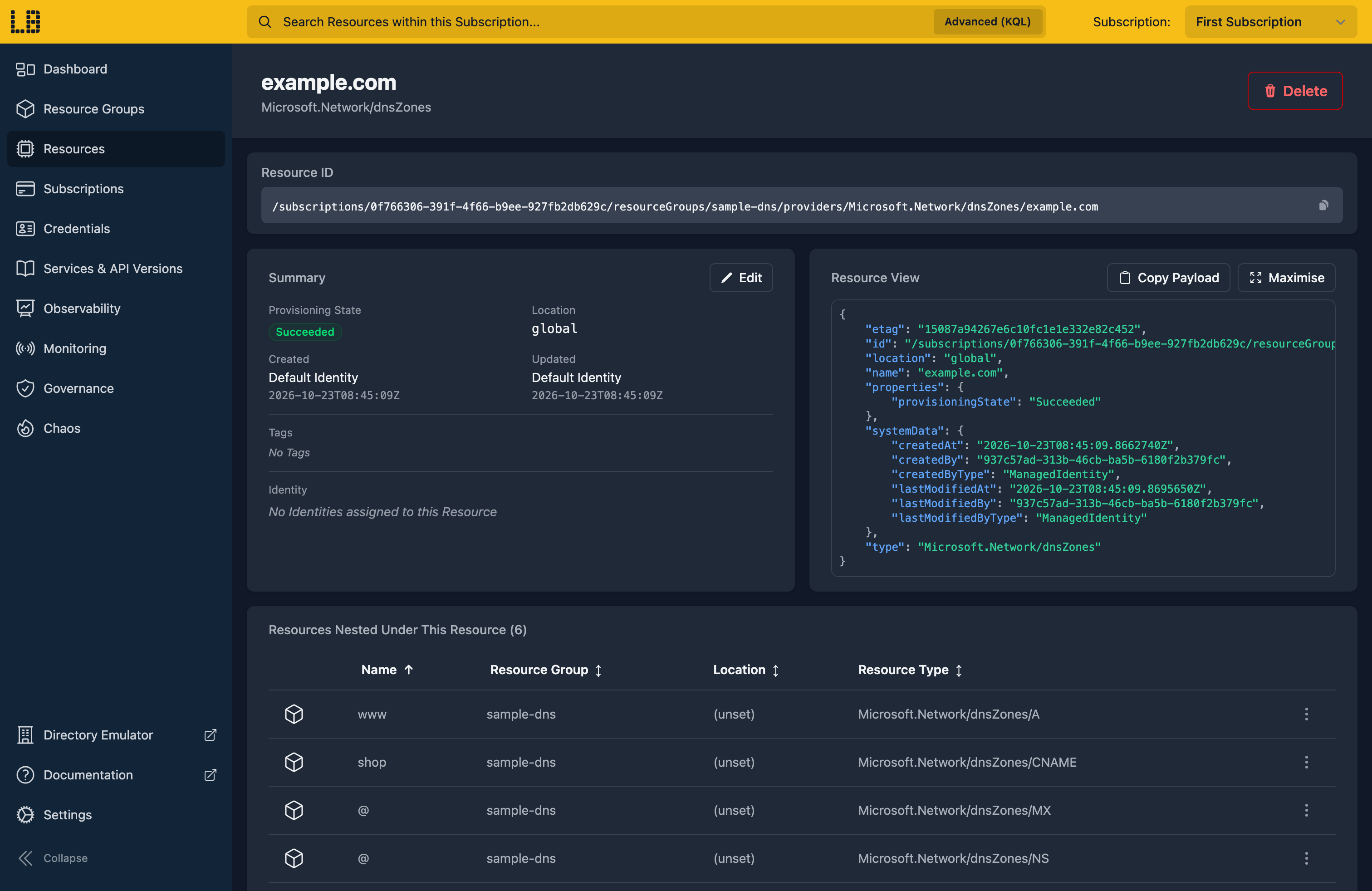 Screenshot of the DNS Zone in the Locally Dashboard