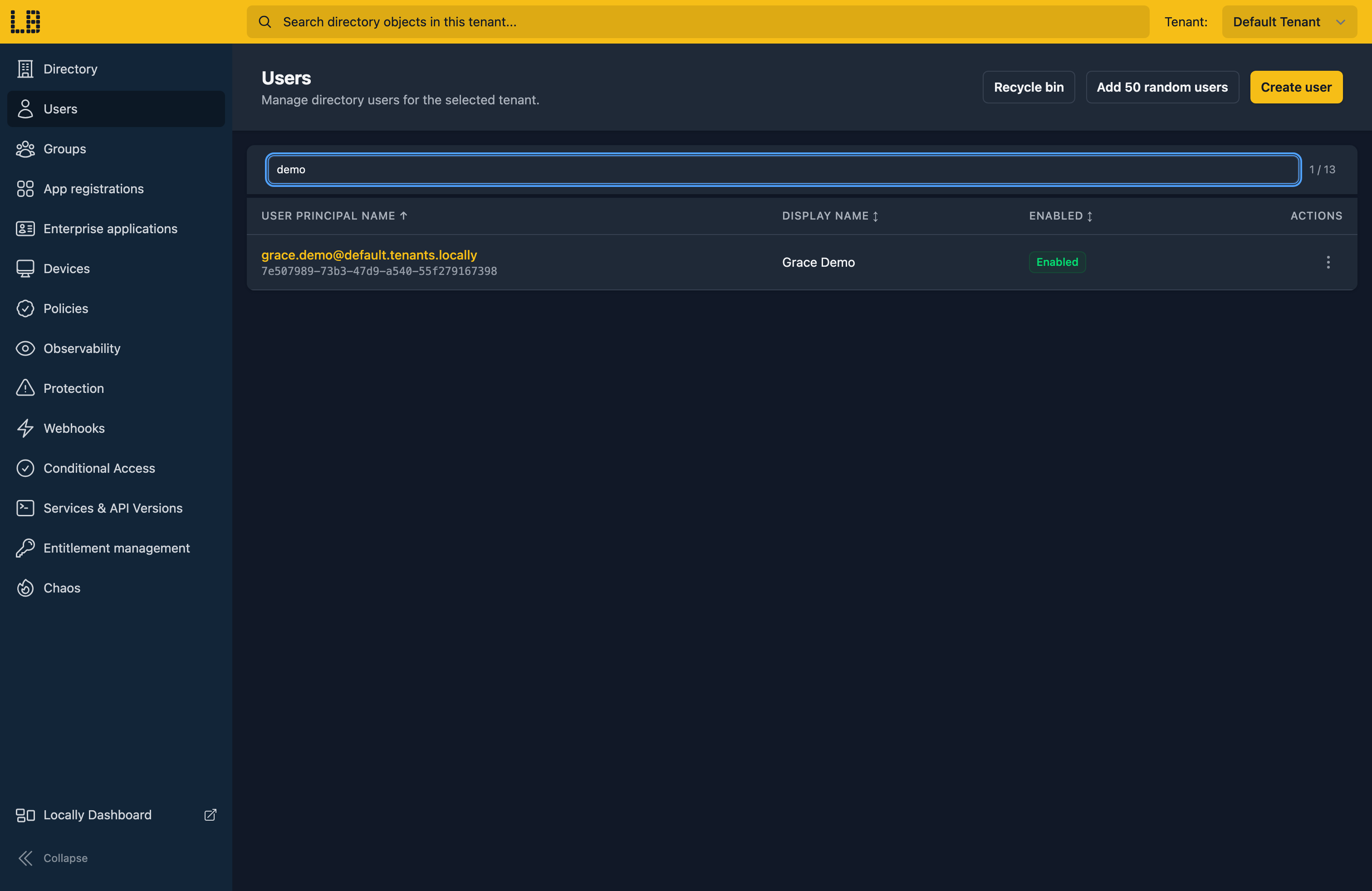 Screenshot of the new user in the Directory Emulator