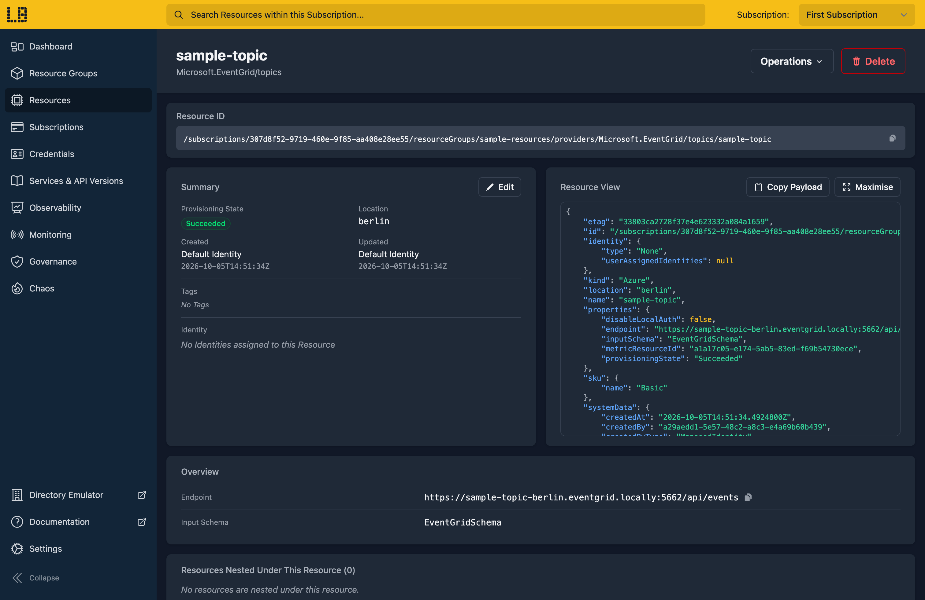 Screenshot of the Event Grid Topic in the Locally Dashboard