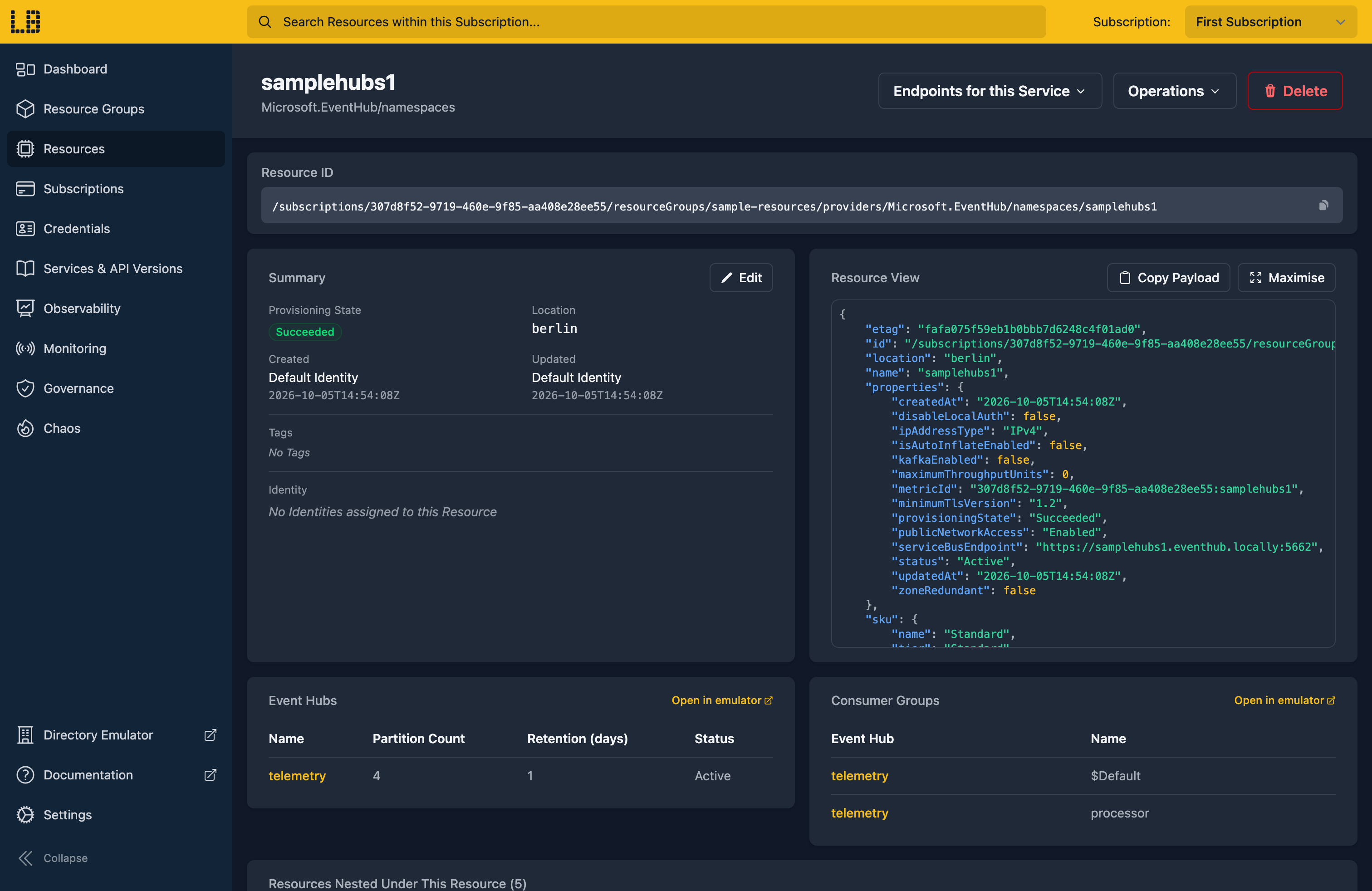 Screenshot of the Event Hubs Namespace in the Locally Dashboard