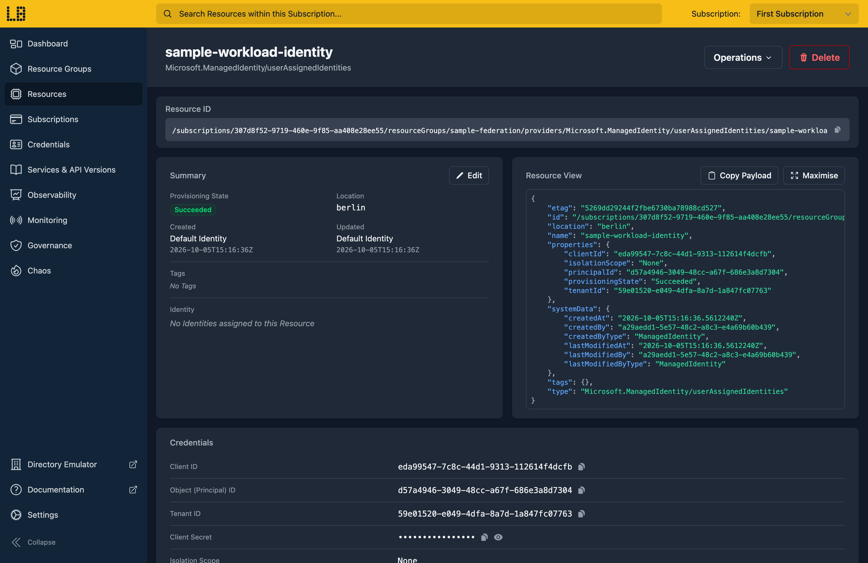Screenshot of the Managed Identity in the Locally Dashboard