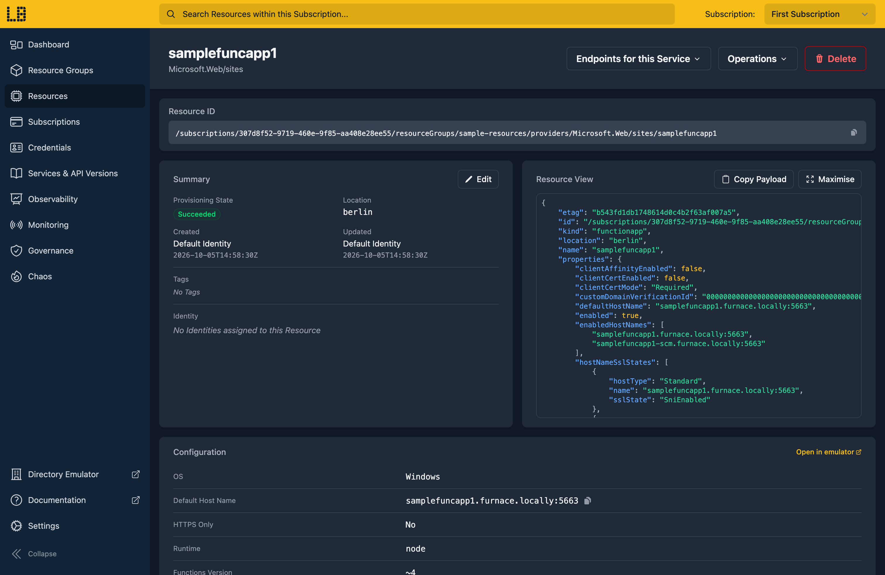 Screenshot of the Function App in the Locally Dashboard