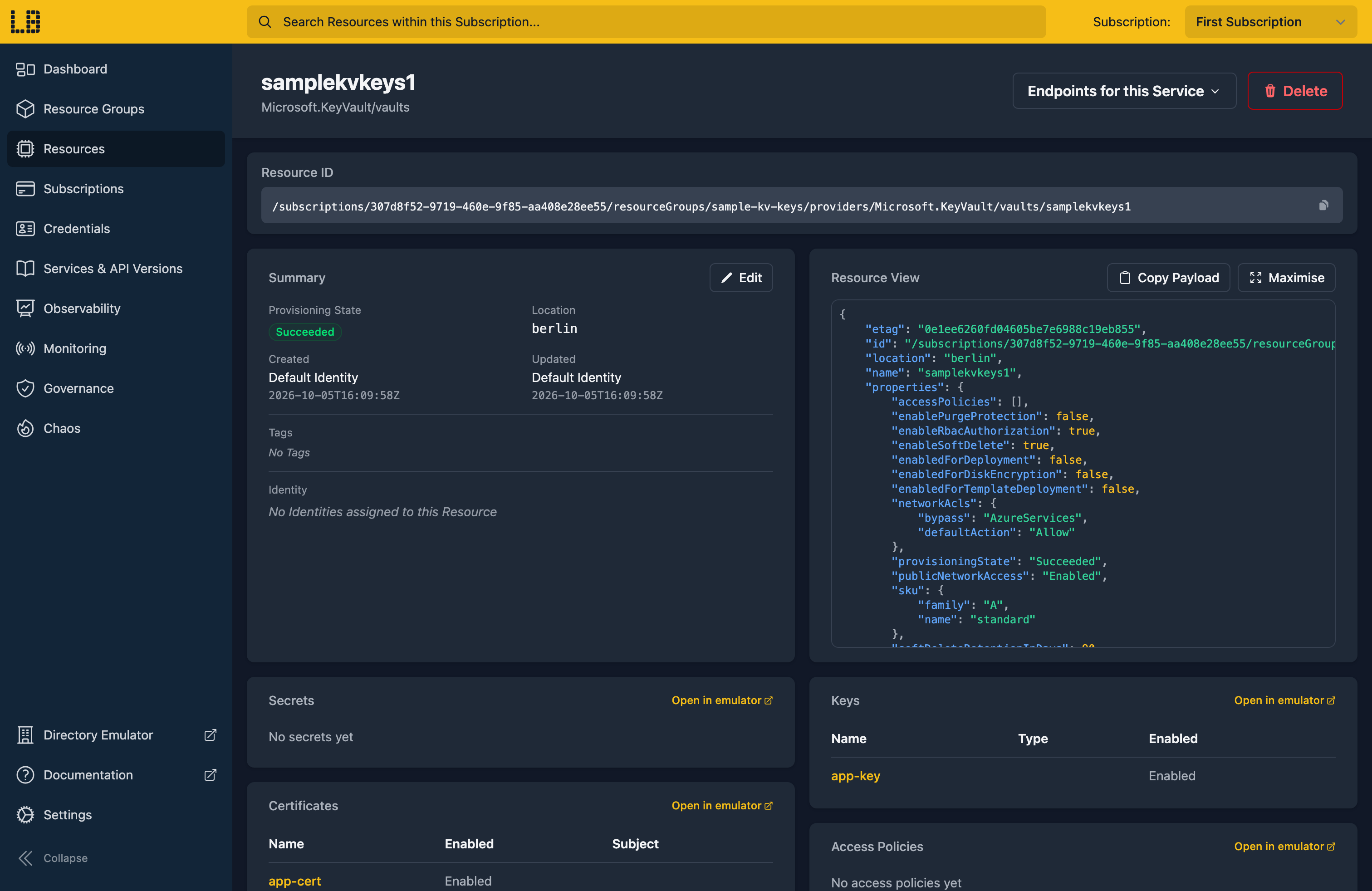 Screenshot of the Key Vault in the Locally Dashboard