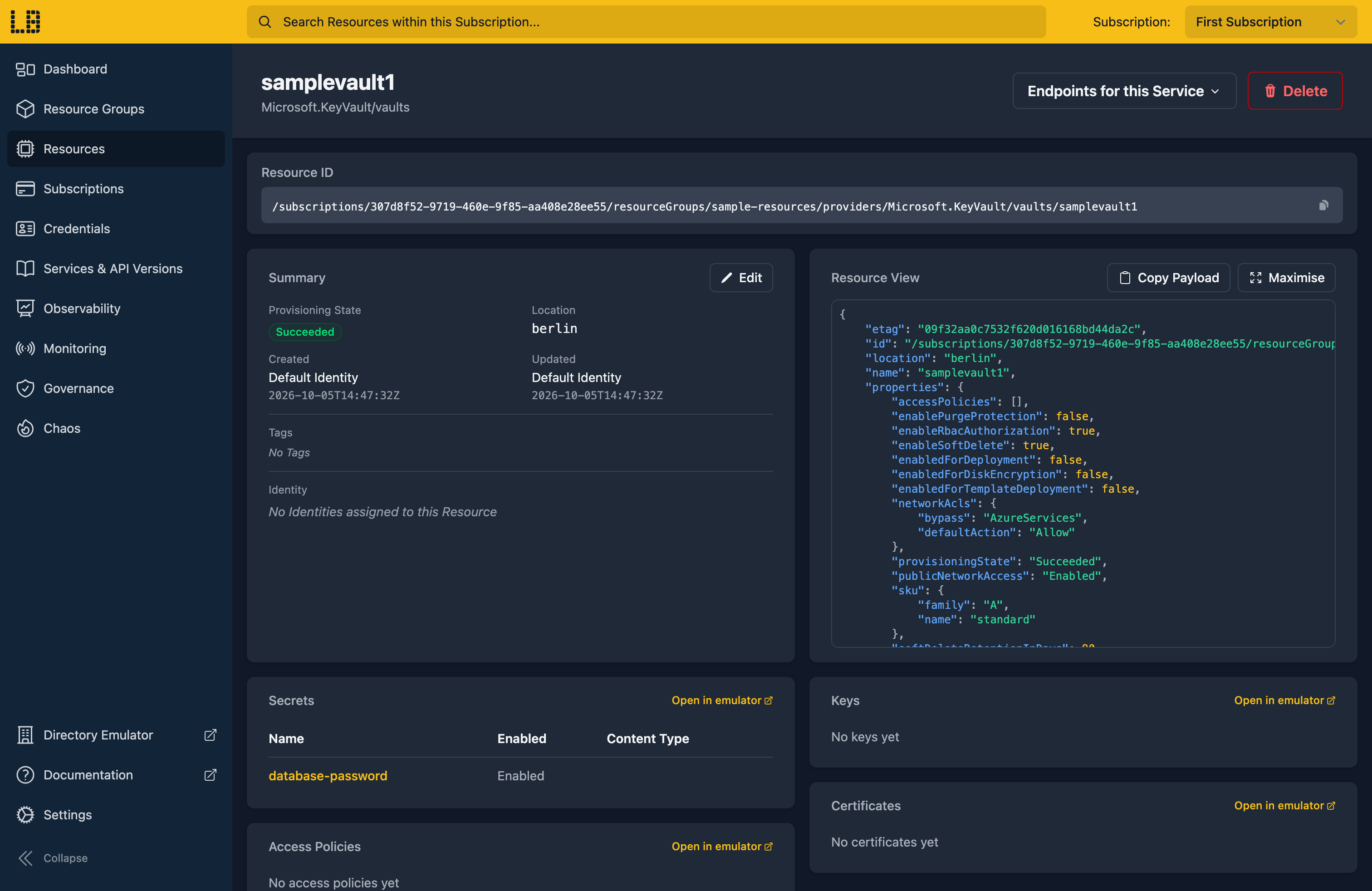 Screenshot of the Key Vault in the Locally Dashboard