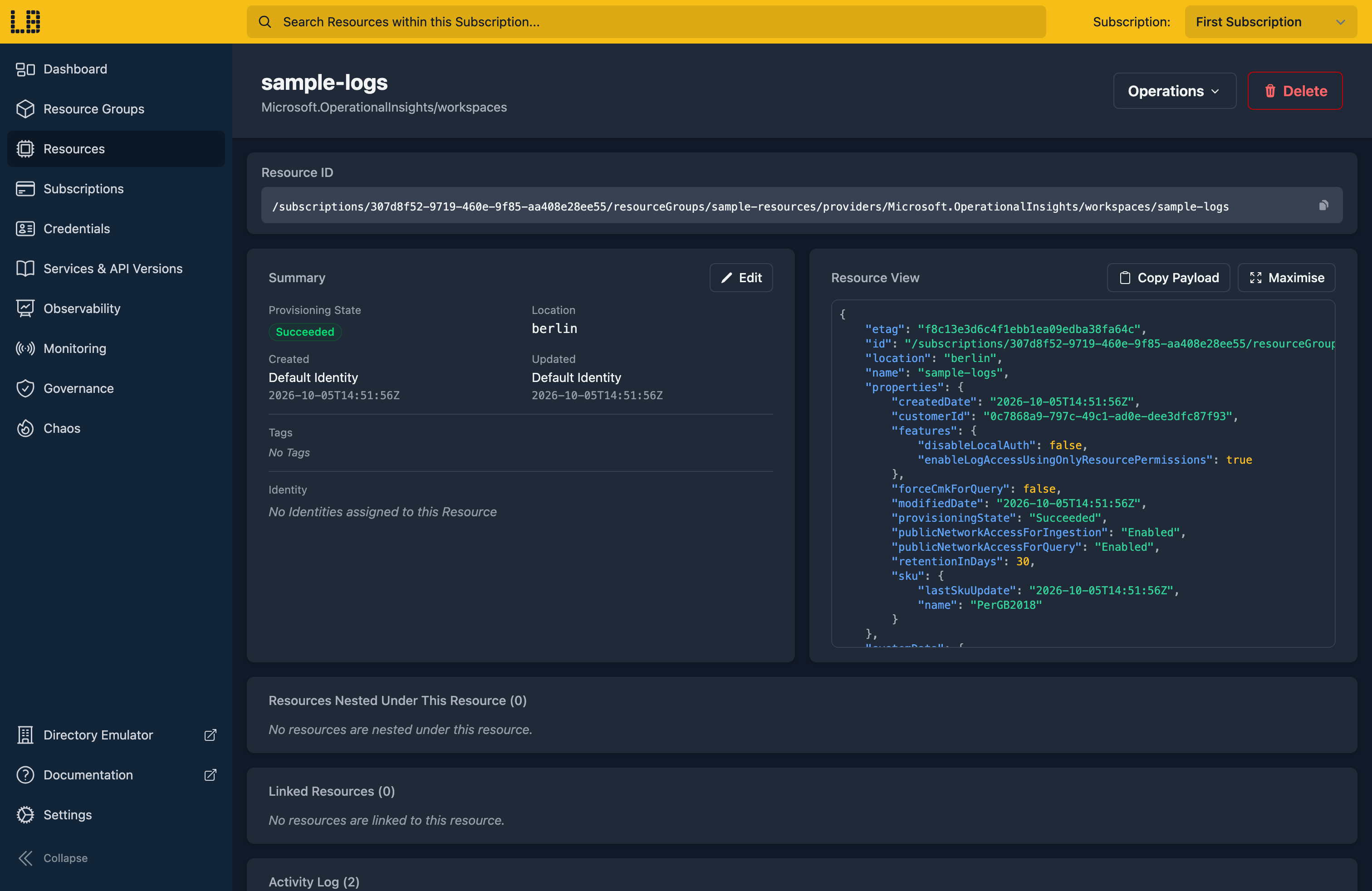 Screenshot of the Log Analytics workspace in the Locally Dashboard