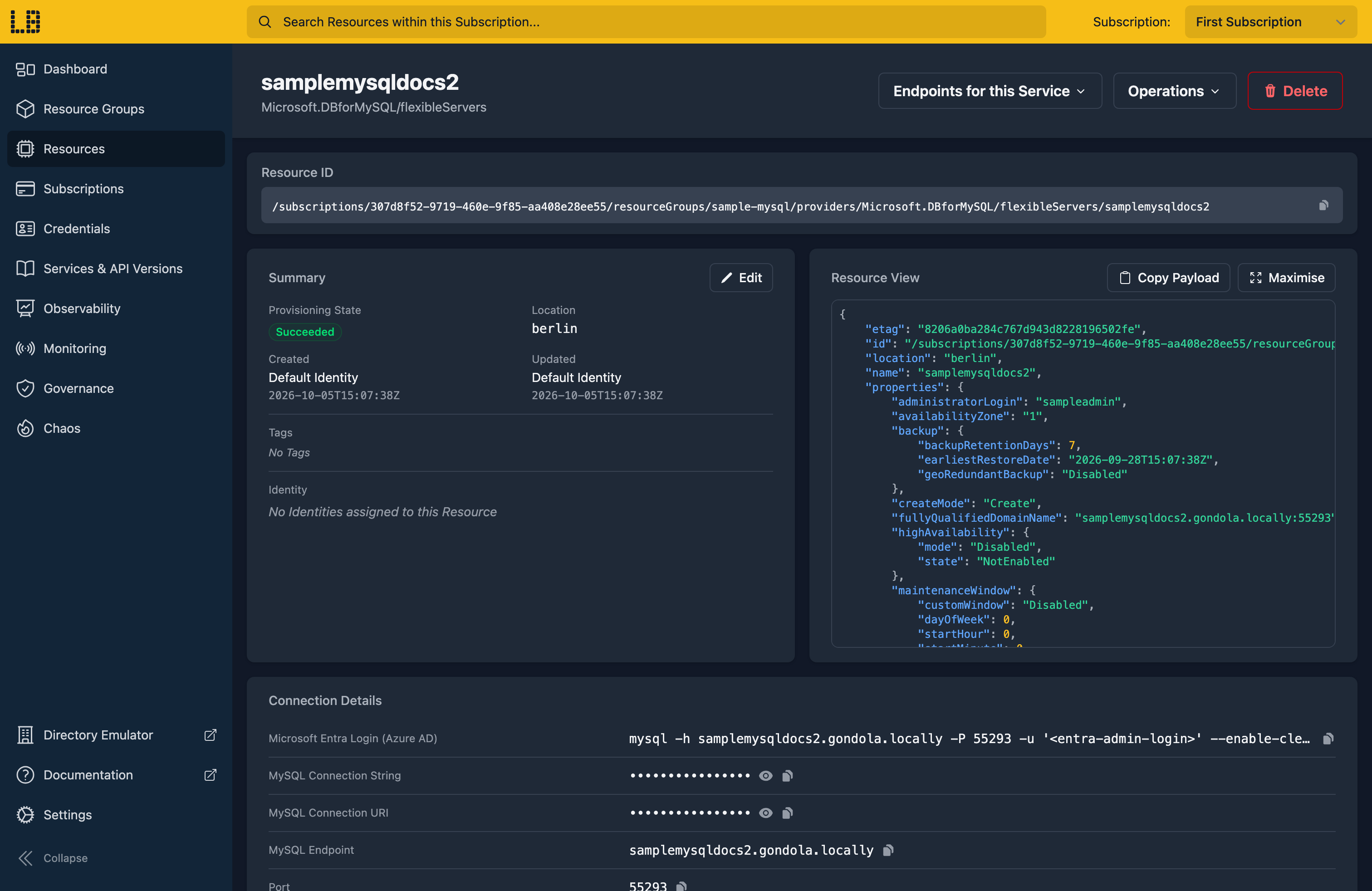 Screenshot of the MySQL Flexible Server in the Locally Dashboard