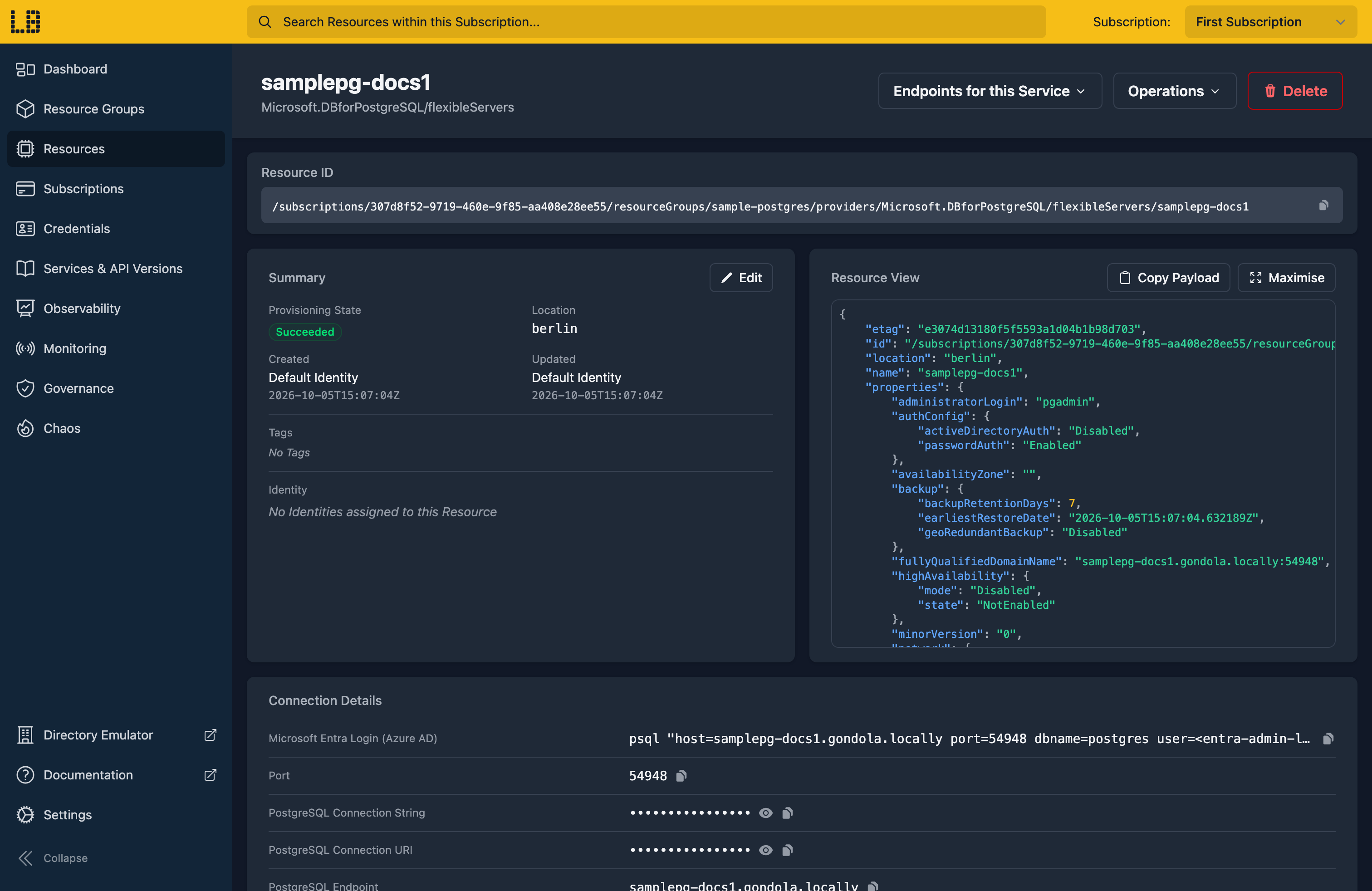 Screenshot of the PostgreSQL Flexible Server in the Locally Dashboard