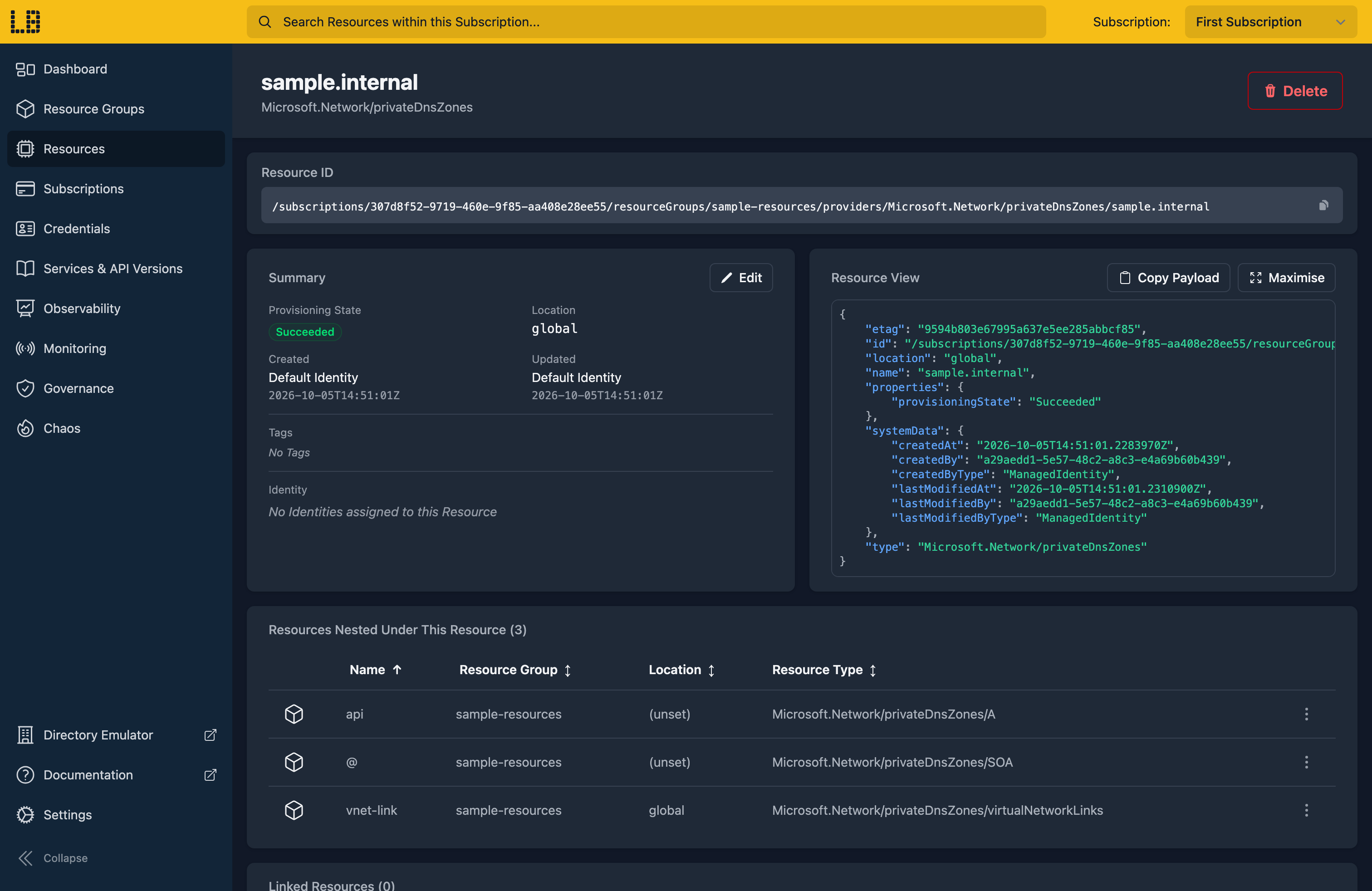 Screenshot of the Private DNS Zone in the Locally Dashboard