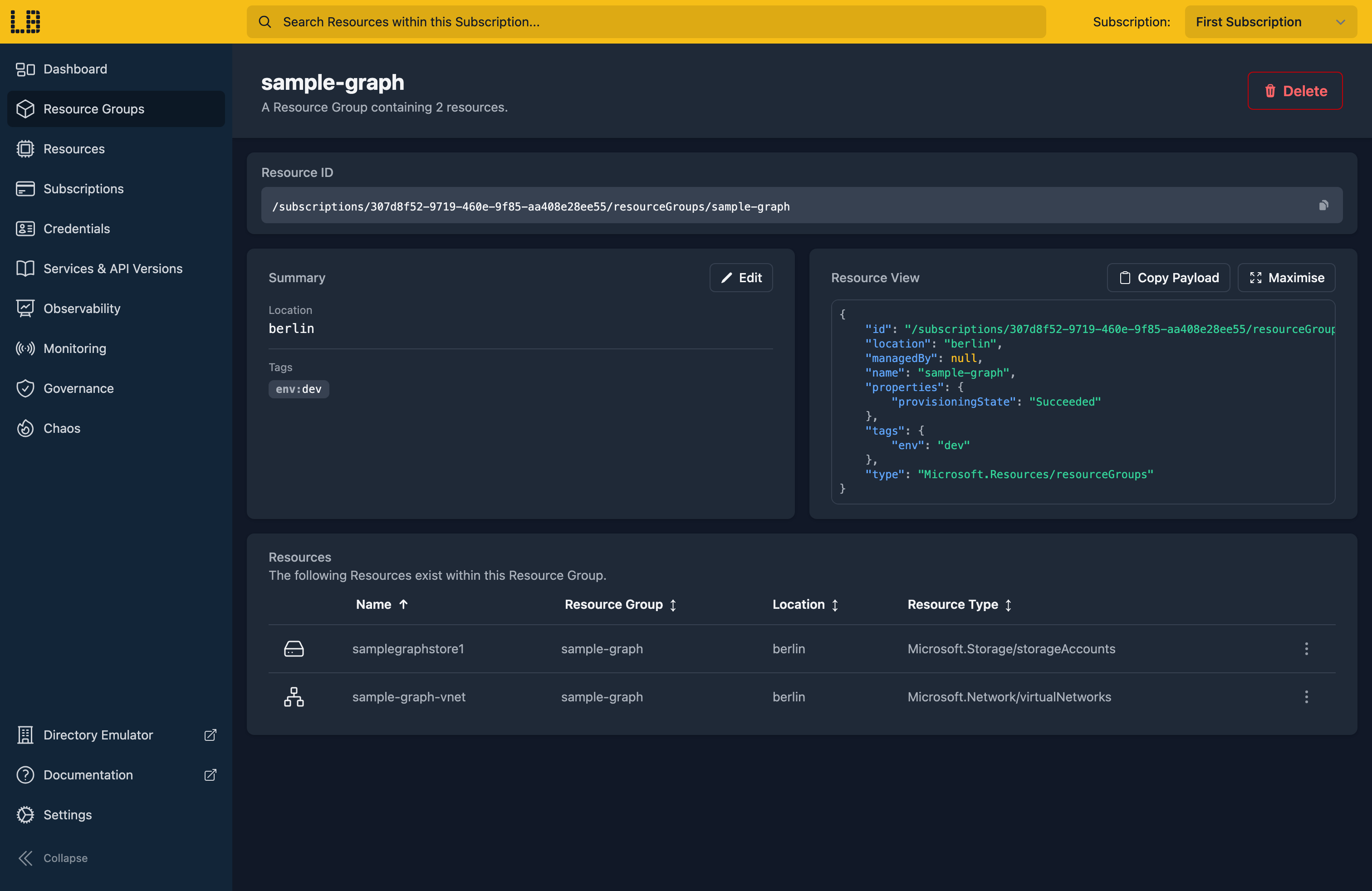 Screenshot of the Resource Group and in the Locally Dashboard