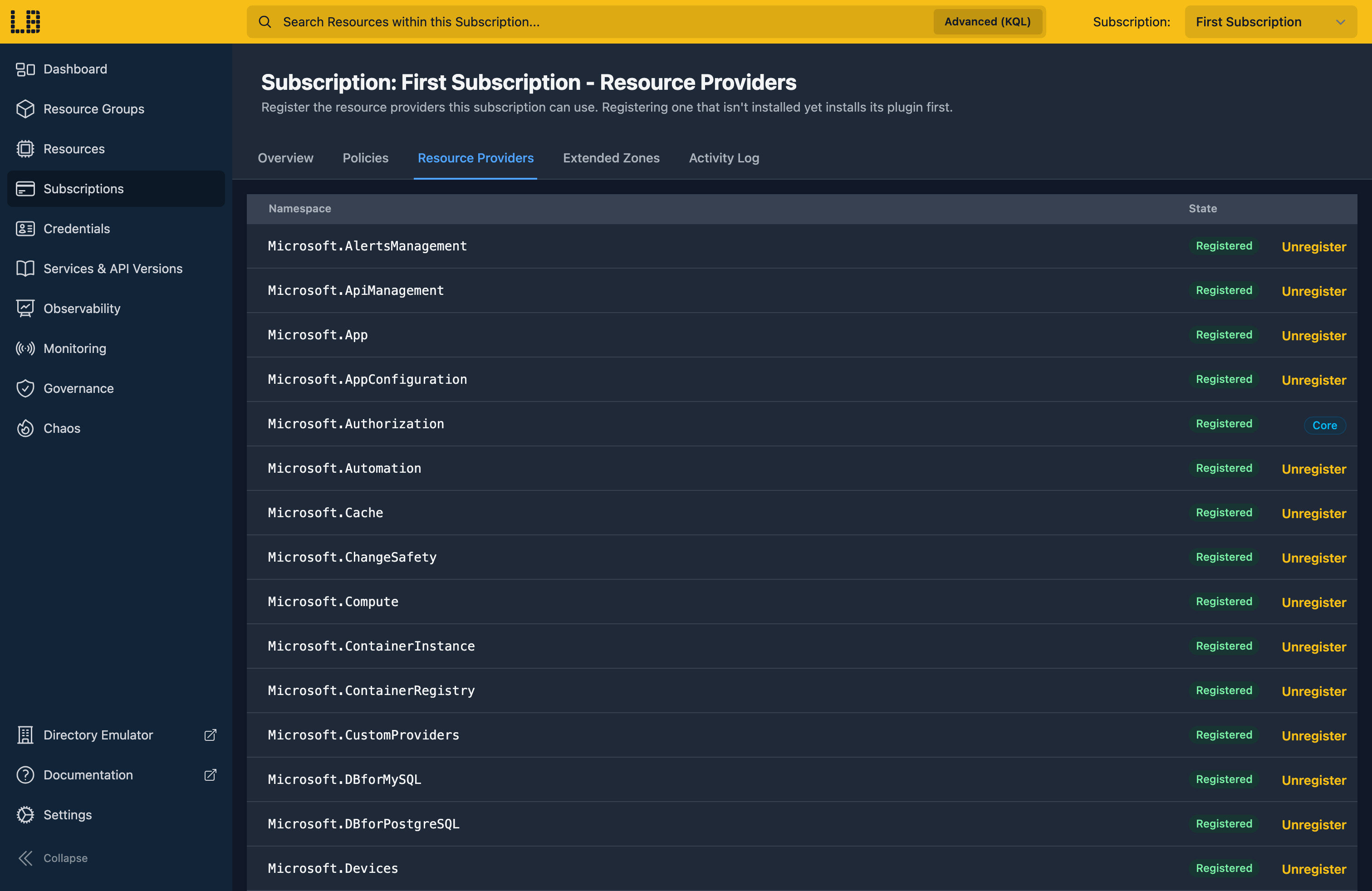 Screenshot of a Subscription's Resource Providers tab in the Locally Dashboard