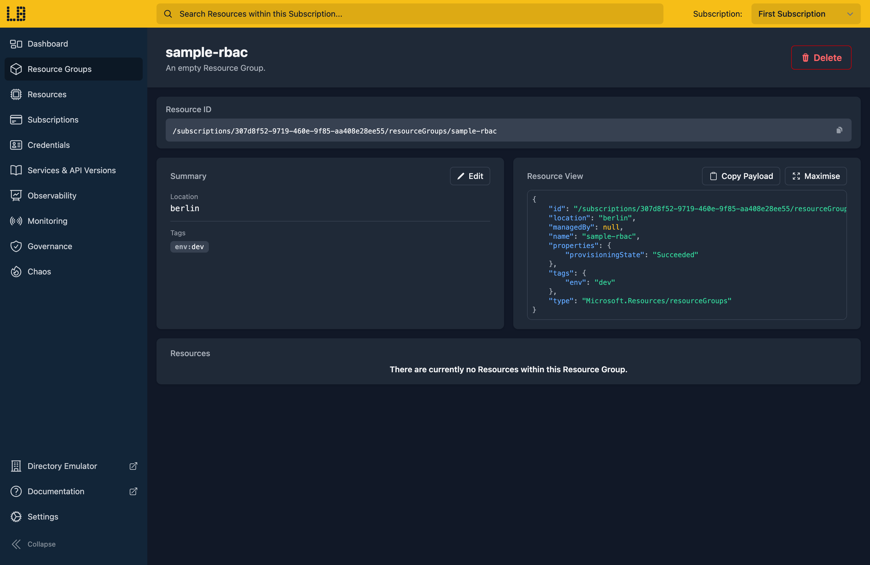 Screenshot of the Resource Group in the Locally Dashboard
