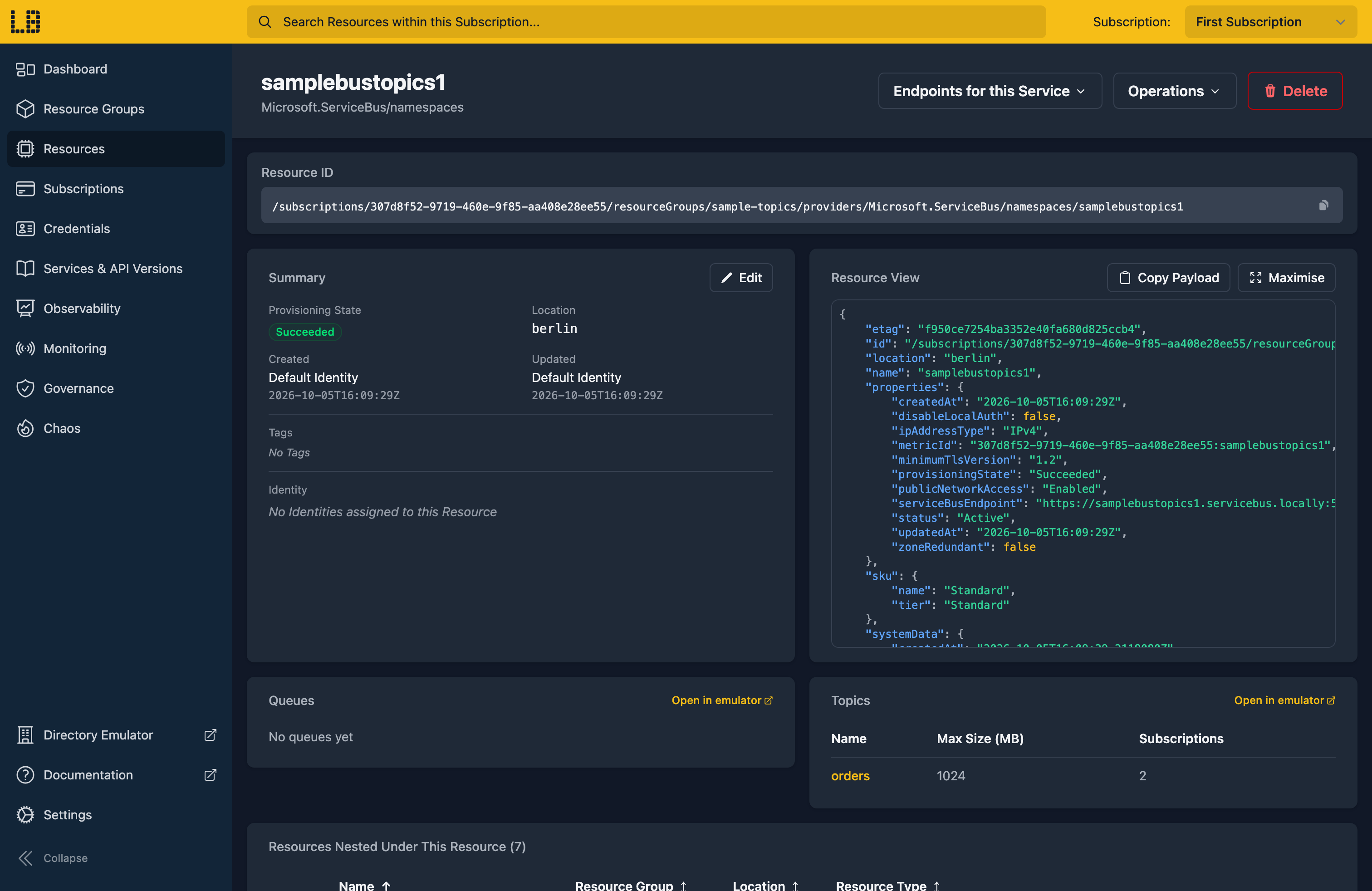 Screenshot of the Service Bus Namespace in the Locally Dashboard