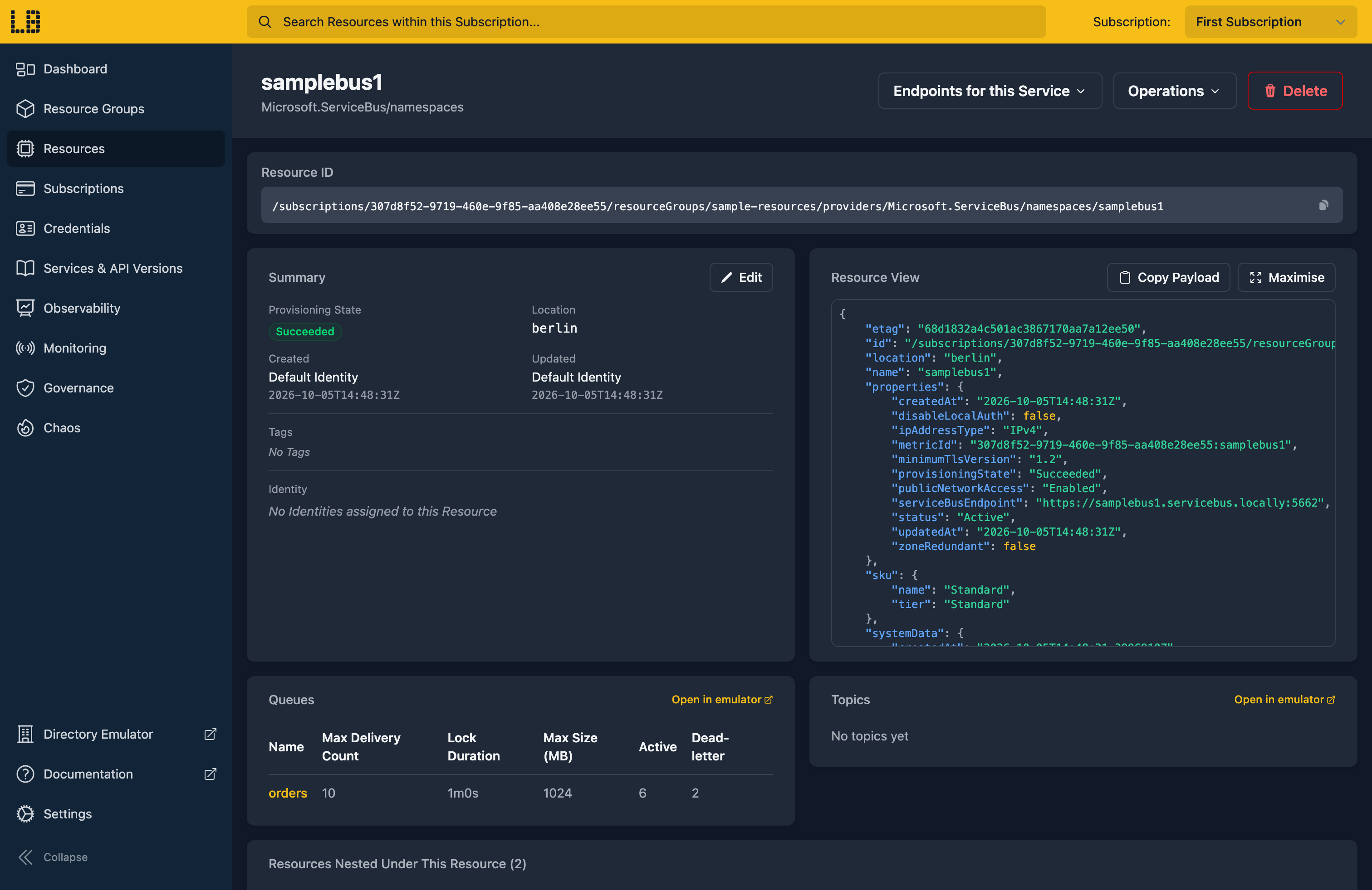 Screenshot of the Service Bus Namespace in the Locally Dashboard