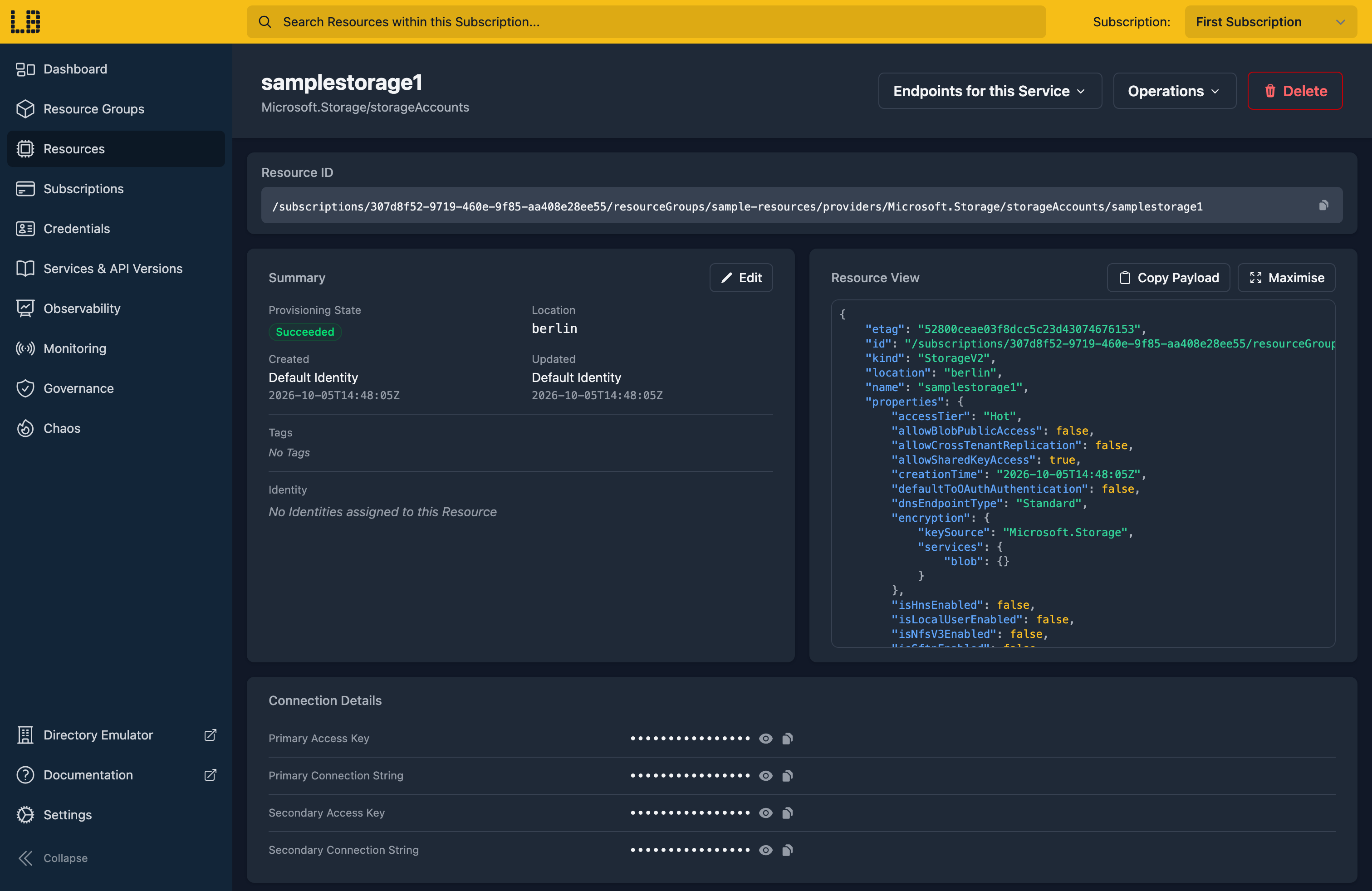 Screenshot of the Storage Account in the Locally Dashboard