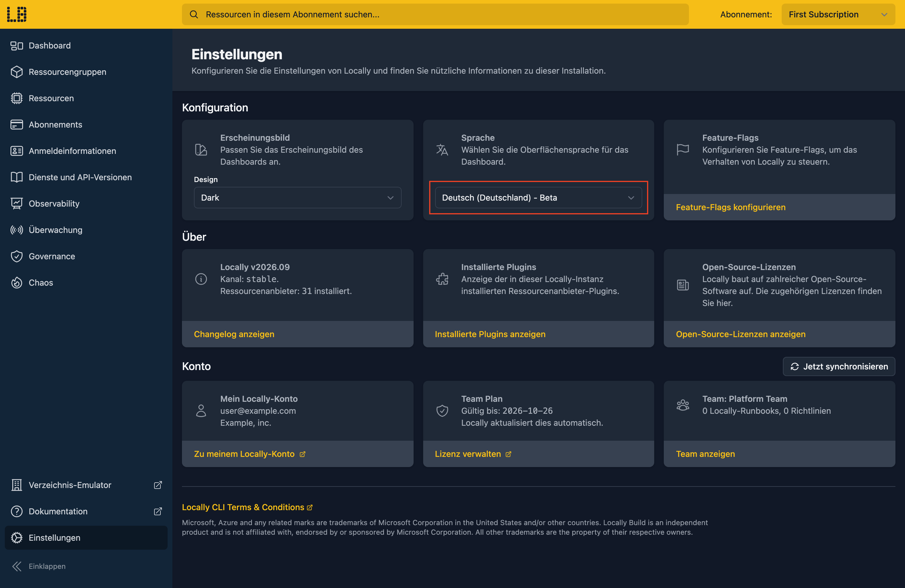 Screenshot of the Settings screen within the Locally Dashboard, in German